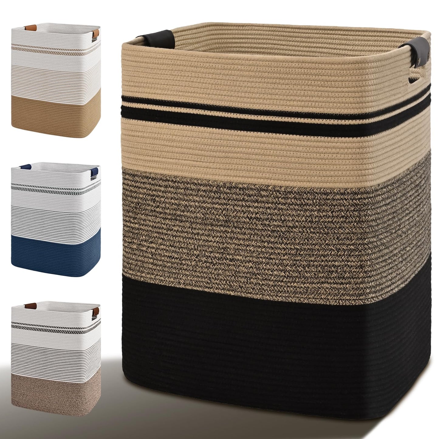 Degeyoyo Laundry Hamper, 85L Tall Laundry Basket with Leather Handles, Rectangle Large Clothes Hamper for Organizing, Cotton Woven Laundry Baskets Storage Hampers for Bedroom, Nursery, Living Room
