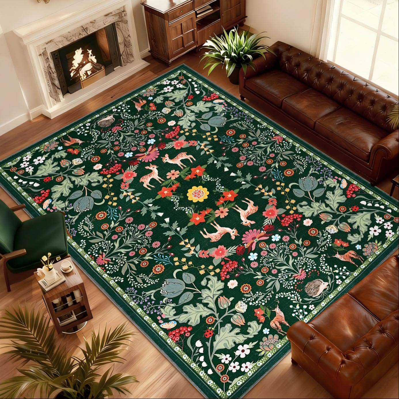 Yinhua 8x10 Area Rugs Floral Washable Rugs for Living Room Green Rug Non Slip Soft Low Pile Faux Wool Botanical Throw Rug for Bedroom, Dining Room, Office, Home Decor, Green