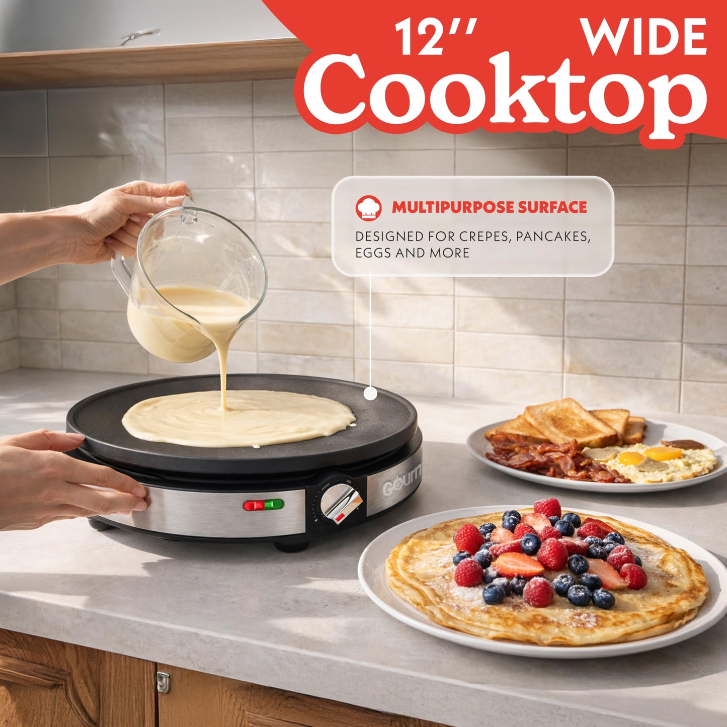 Gourmia 12” Crepe Maker – Nonstick Electric Griddle for Pancakes, Omelets & More, Precise Temp Control with Indicator Lights, Includes Spatula & Batter Spreader, Quick Cleanup, Stainless Steel Trim