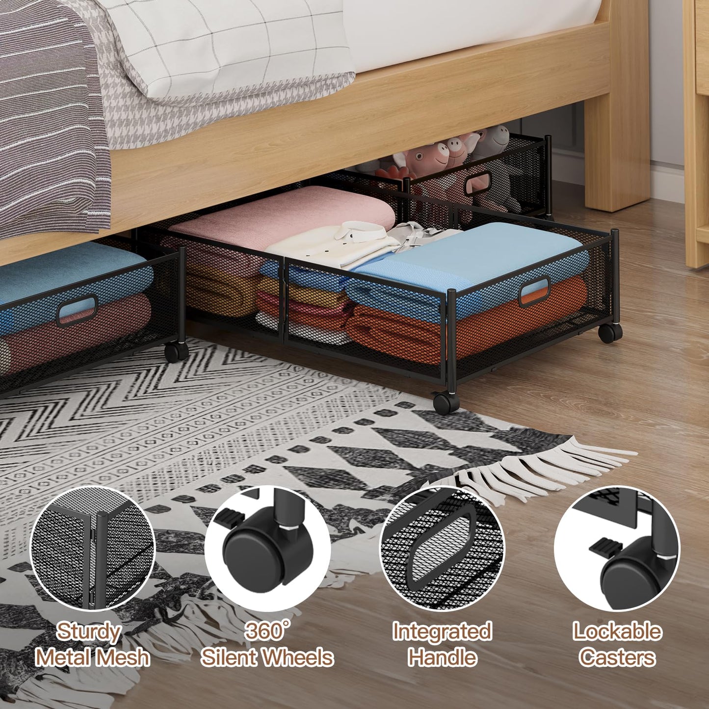Gawerk Under Bed Storage with Wheels, Foldable Metal Mesh Underbed Storage Container Bins, Tool-free Assembly Clothes Drawer Organizer,2Pack