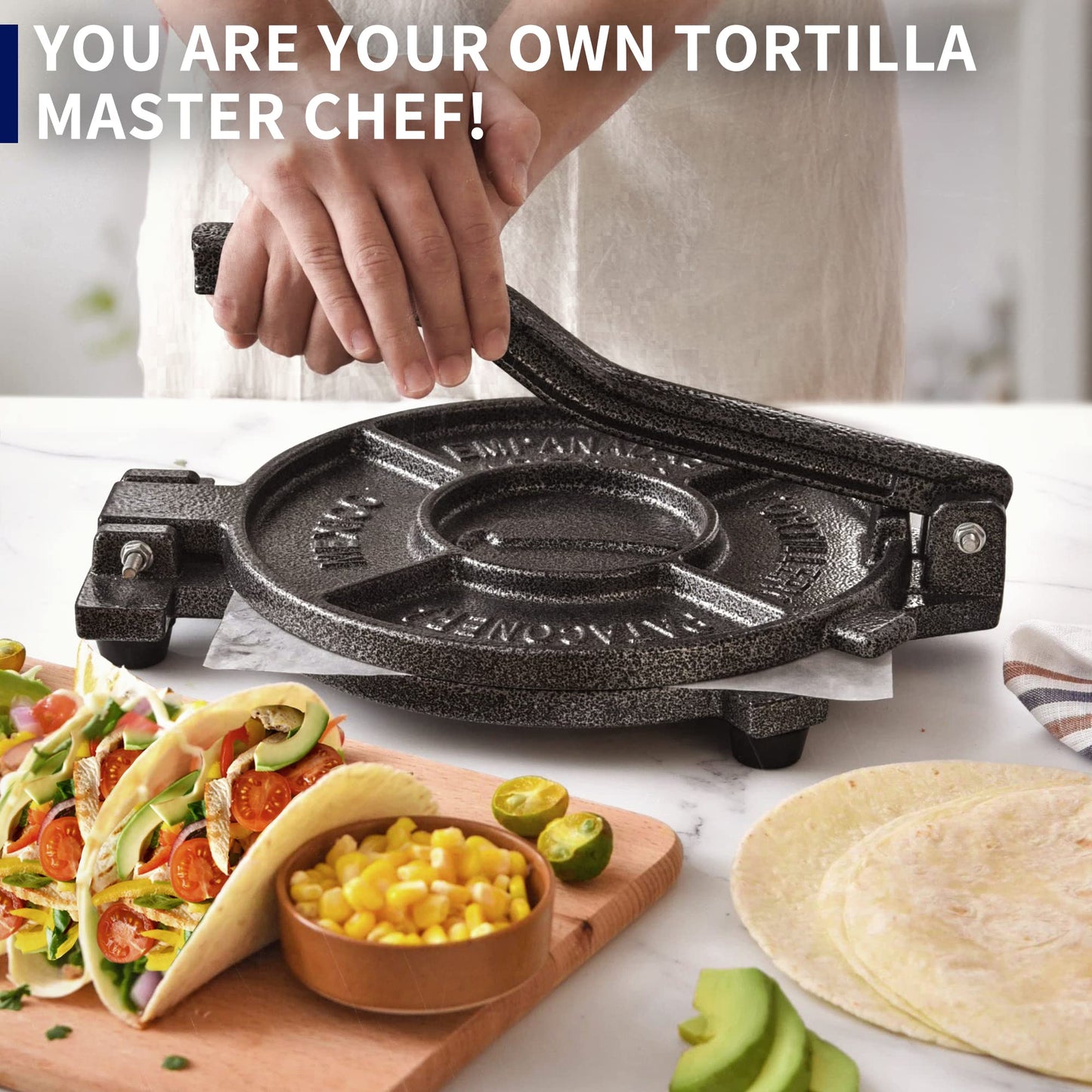 ARC Tortilla Press 10.4" Include 100 Pcs Parchment Paper, Cast Iron Tortilla Maker, Black Gray