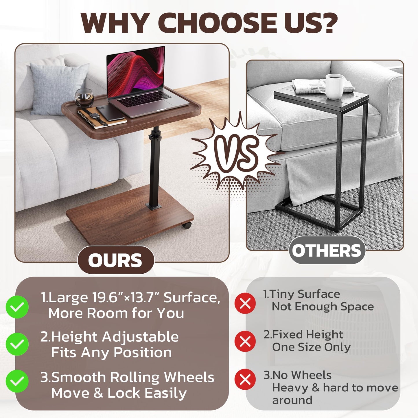 Large Size C Table End Table, Adjustable Height 360°Swivel TV Tray Table for Small Spaces, Couch Tables that Slide Under, C Shaped Side Tables for Couch,TV Dinner, Living Room and Bedroom (Walnut)