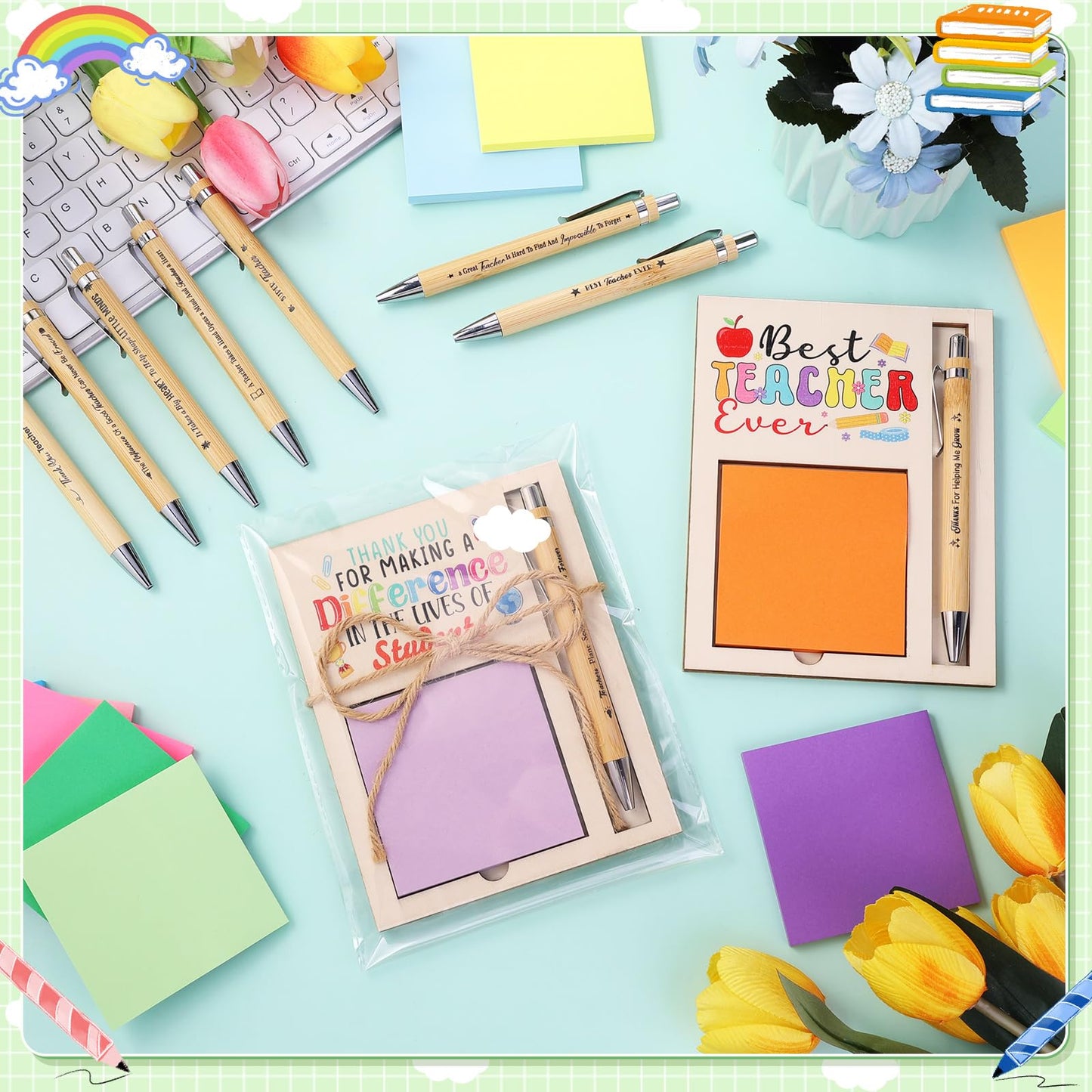 24 Set Teacher Appreciation Gifts Bulk Sticky Notes with Ballpoint Pens and Wooden Pad Holder, Appreciation Sticky Note Organizer Thank You Gifts for Teacher Coworker Nurse Office Supplies