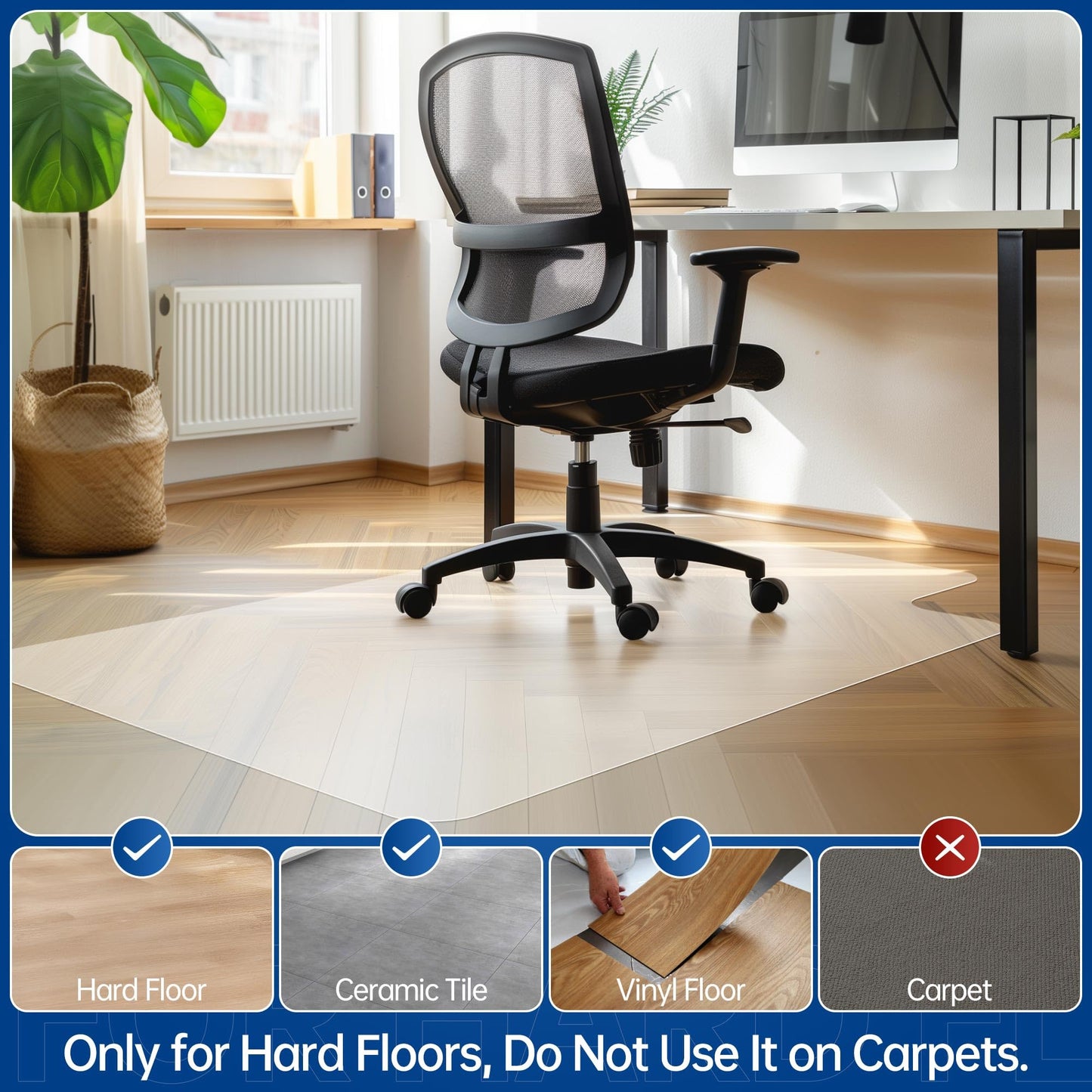 Naturei Chair Mat for Hard Floors- 48" x 36", Office Floor Mat for Rolling Chairs, Clear Plastic Desk Chair Mat, Easy Glide, Under Desk Floor Protector for Home and Office, with Lip