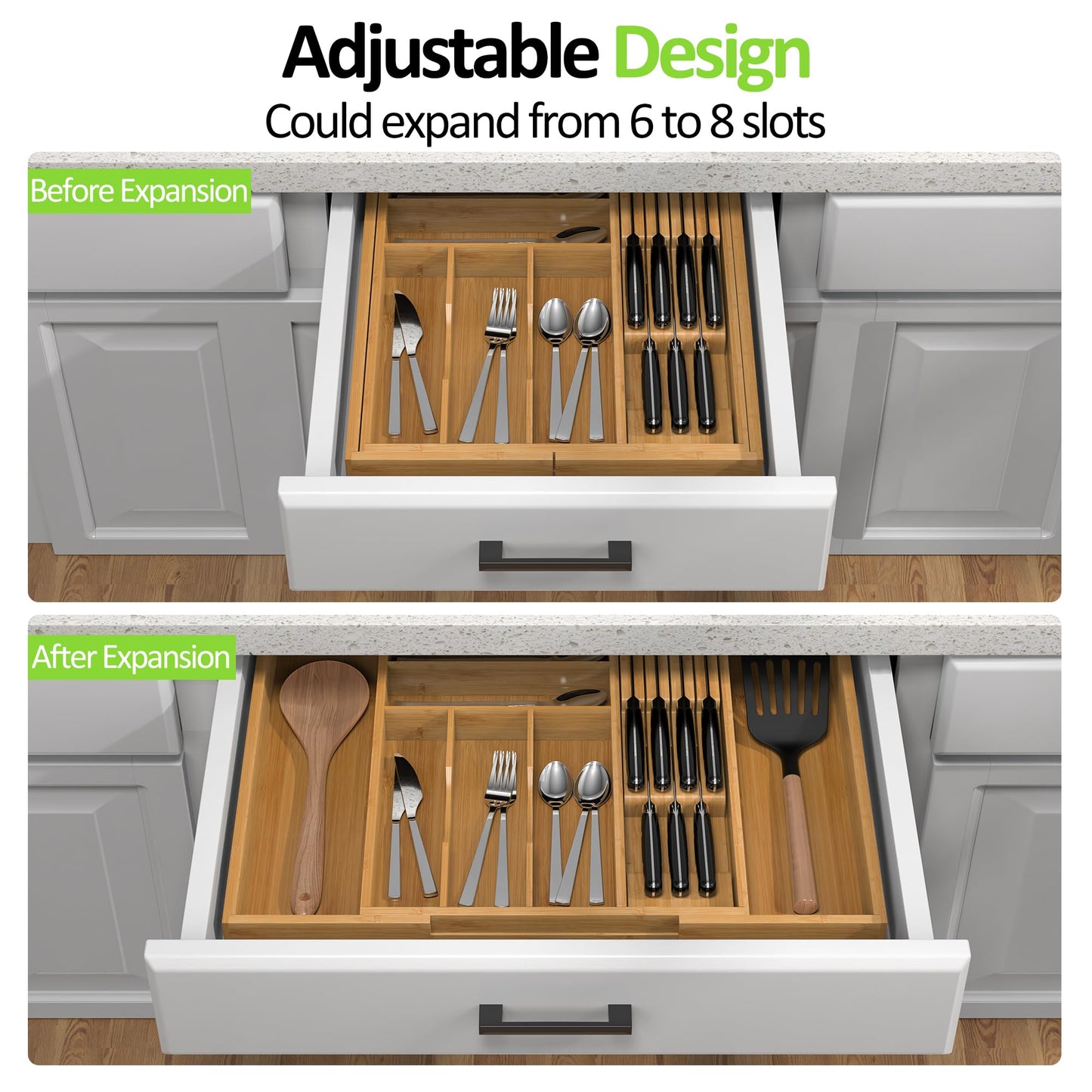 Thalomely Bamboo Kitchen Drawer Organizer, Expandable Silverware Organizer with Removable Knife Block, 6-8 Slots- Utensil Holder & Cutlery Tray Drawer Dividers, 2.36" Deep for Extra Capacity, Natural