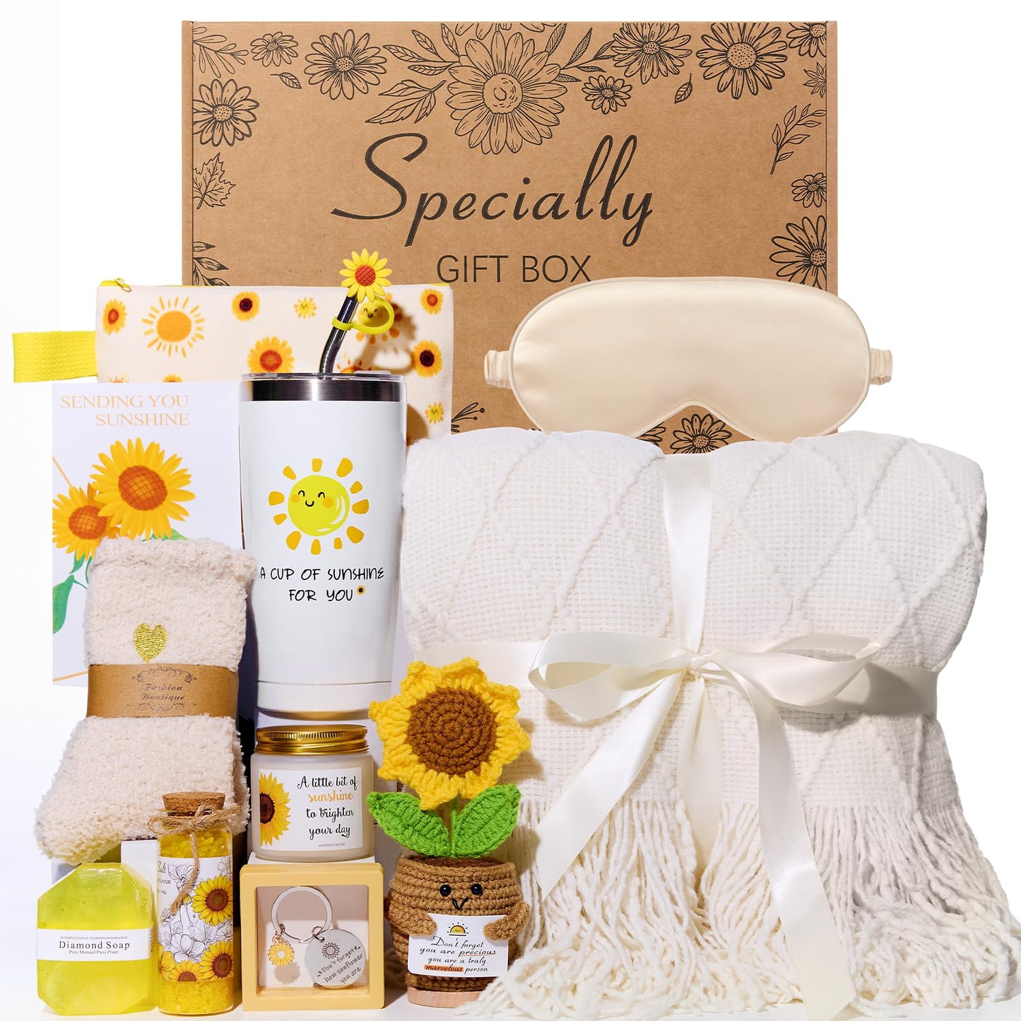 Self Care Gifts for Women - Sending Sunshine Care Package with Blanket, Get Well Soon & Thinking of You Gifts | Unique Sunflower Thank You Gift Box for Wife, Her, Girlfriend, Mom, Sister, Daughter