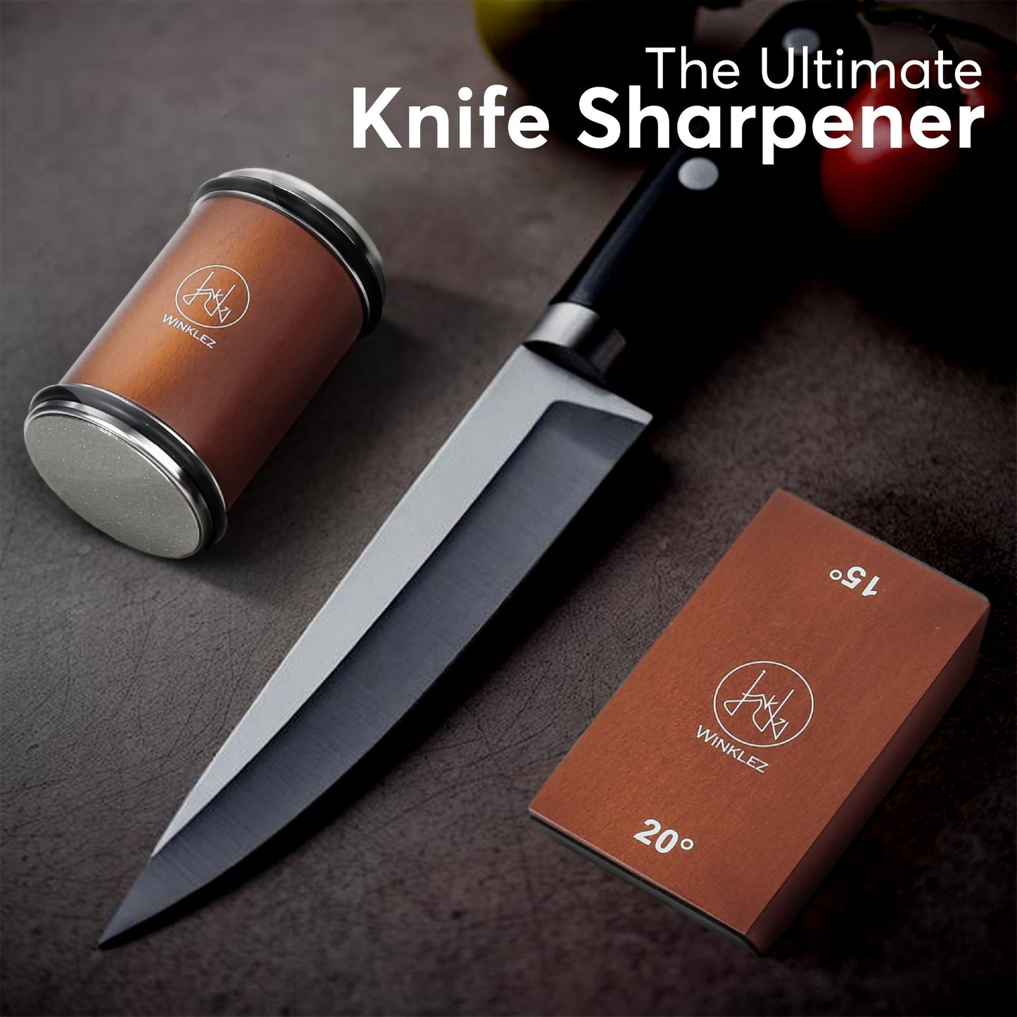 Rolling Knife Sharpener with Diamond and Ceramic Discs, Kitchen Knife Sharpener with 15° & 20° Magnetic Angles, Strong Knife Sharpening Kit (Brown)