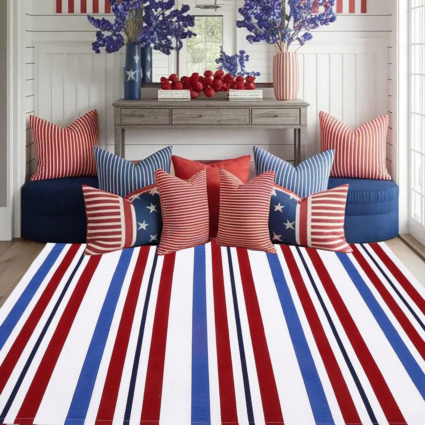 Bottalive USA 250th Anniversary Patriotic Doormat, 4' x 6' Red White and Blue Striped Outdoor Rug, Washable Farmhouse Front Porch Welcome Mat for Memorial Day, 4th of July, and Independence Day Decor