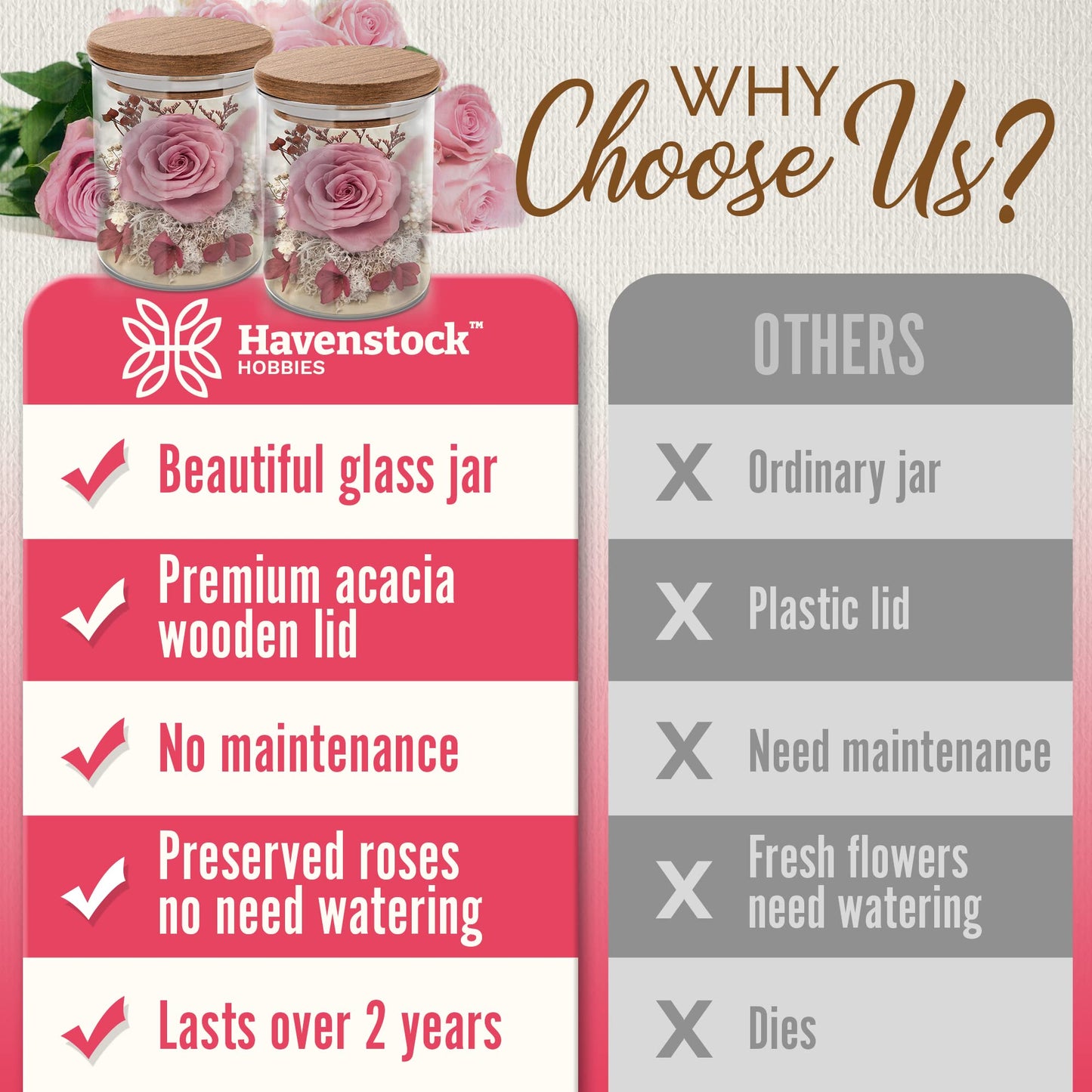 Havenstock Pink Rose in a Glass Dome - Premium Real Rose That Lasts a Year or More - Mother's Day Unique Gift for Her - Preserved Rose Decor