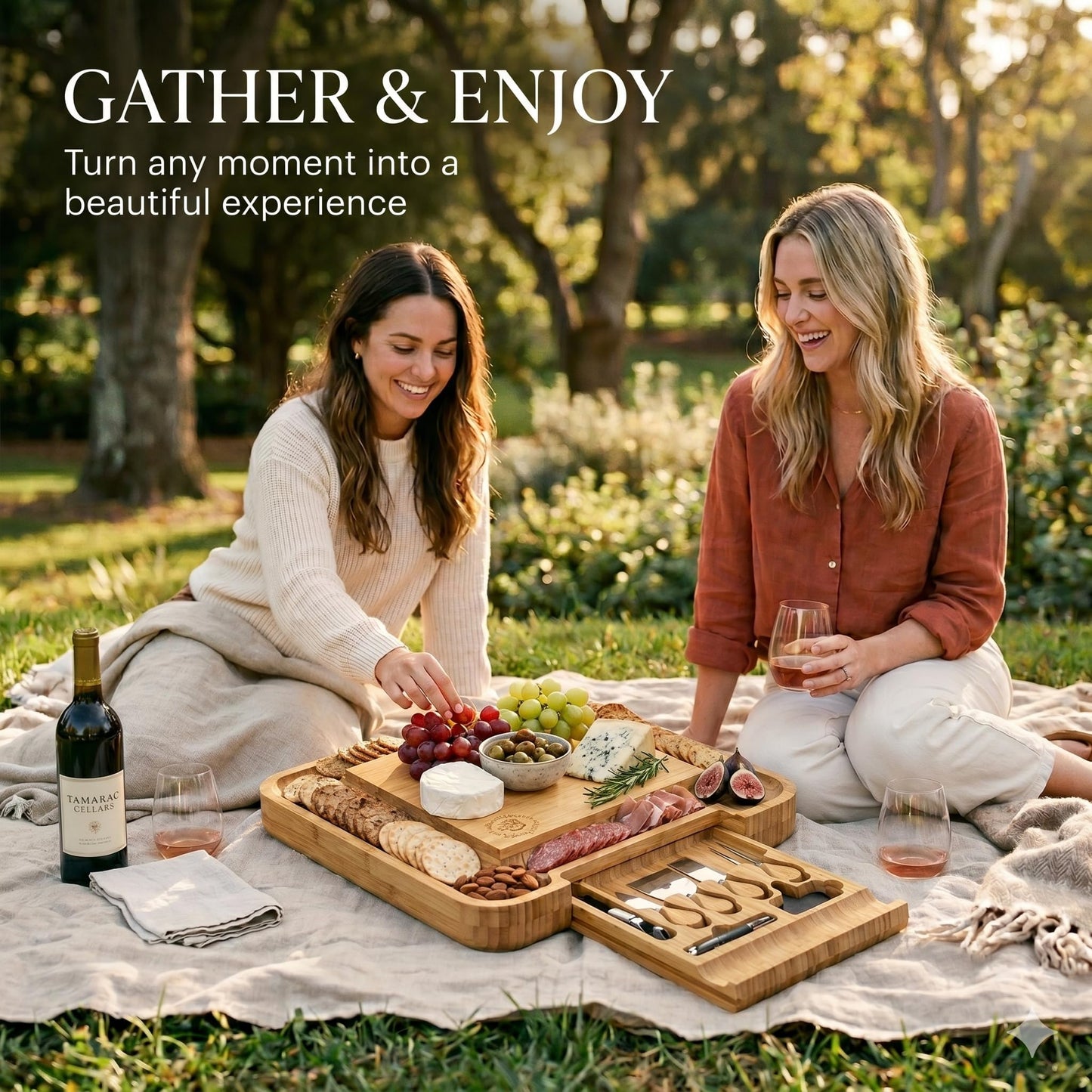Bambüsi Charcuterie Boards - Large Bamboo Cheese Board Set with Knives for Serving Meat + Cheese Platter - House Warming Gifts for New Home, Wedding, Bridal Shower, Birthday Gifts for Women, Hostess