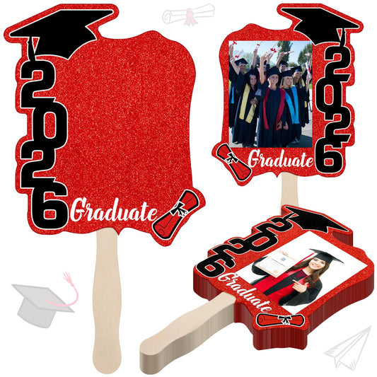 24 Pcs Graduation Cutout Face Fans with Handle Double Sided Personalized Grad Party Supplies Class of 2026 Grad Photo Props Blank DIY Photo Frame Graduation Party Souvenirs(Classic,Red)