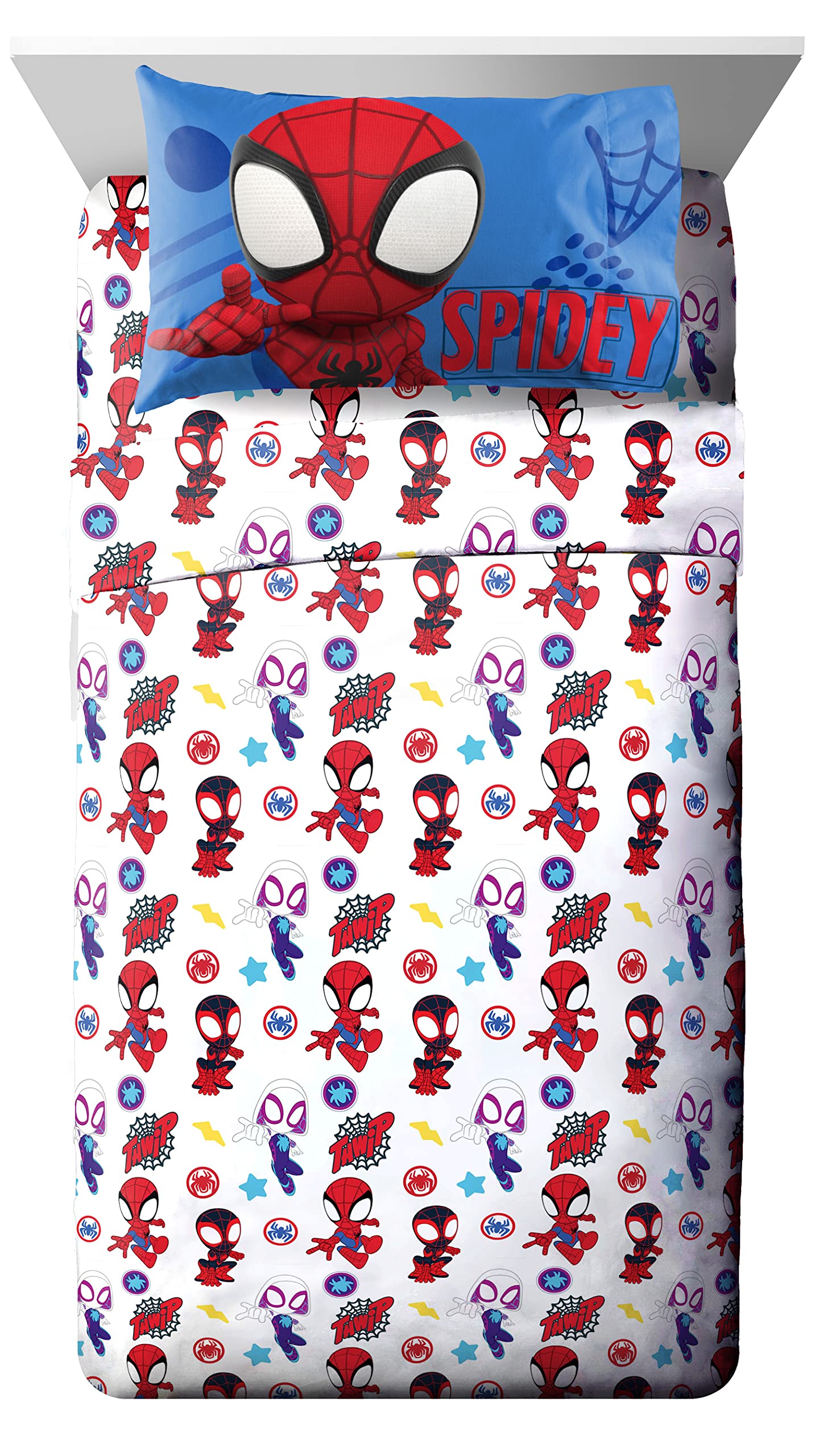 Jay Franco Marvel Spiderman Toddler Bedding Set, 4 Piece Toddler Comforter Spidey and His Amazing Friends, Comforter & Sheets, Fade Resistant Microfiber, Machine Washable (Official Marvel Product)