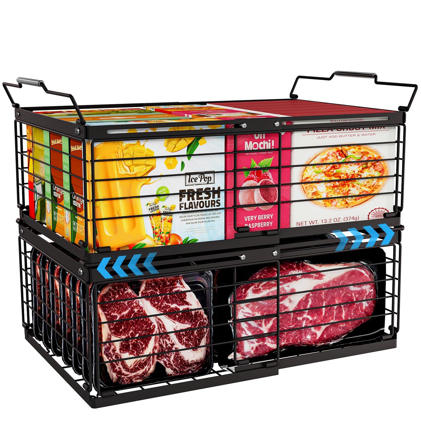 2Pcs Freezer Organizer Bins,11 to 17 inchs Large Scalable Stackable Freezer Storage Containers,Deep Freezer Organizer Bins Effectively Classify Food,Foldable Side Handles for Extra Storage Space