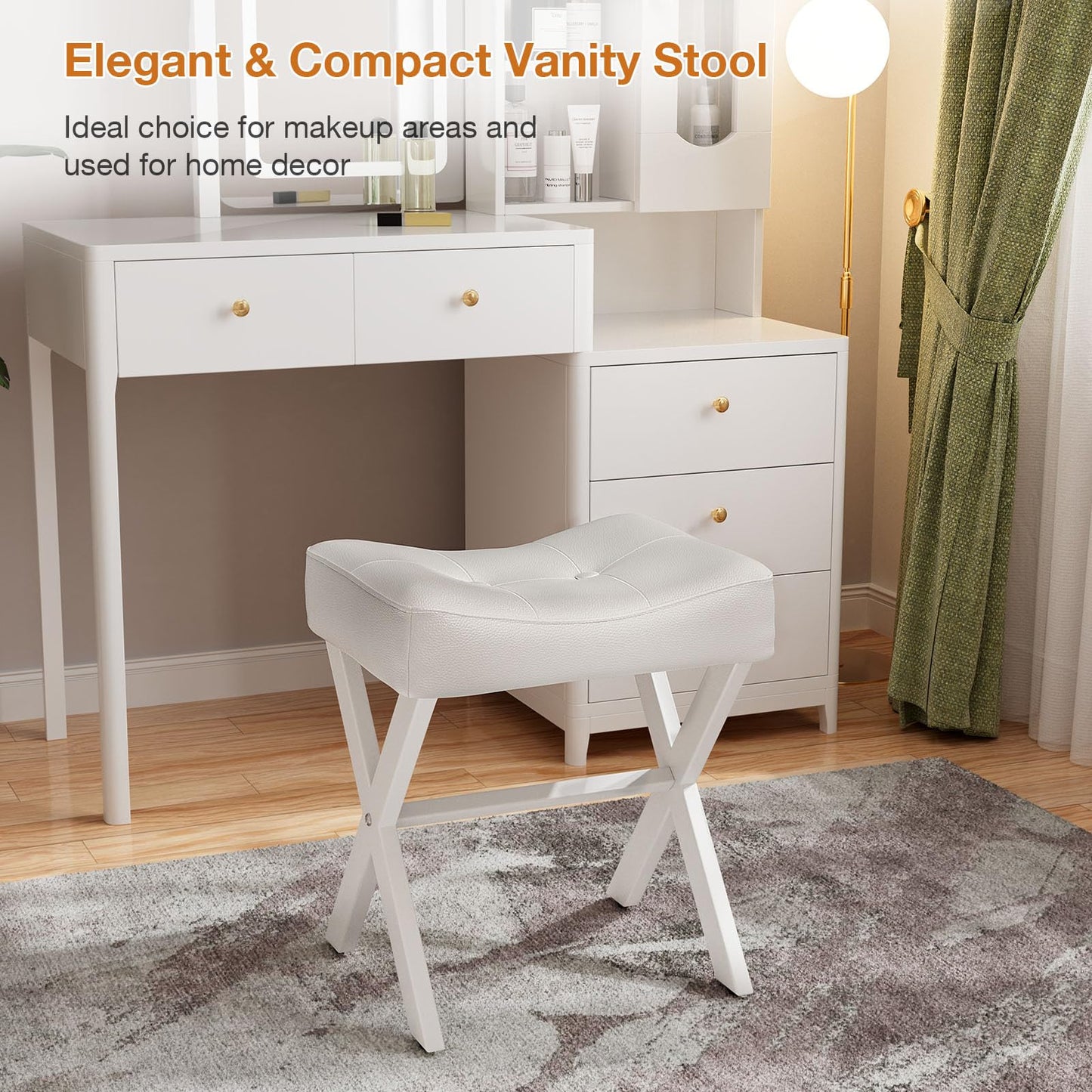 Memobarco 18-Inch Leather Vanity Stool Chair, Vanity Bench with Metal X-Leg, Ottoman Accent Stool with Thick Padded Saddle Seat, White