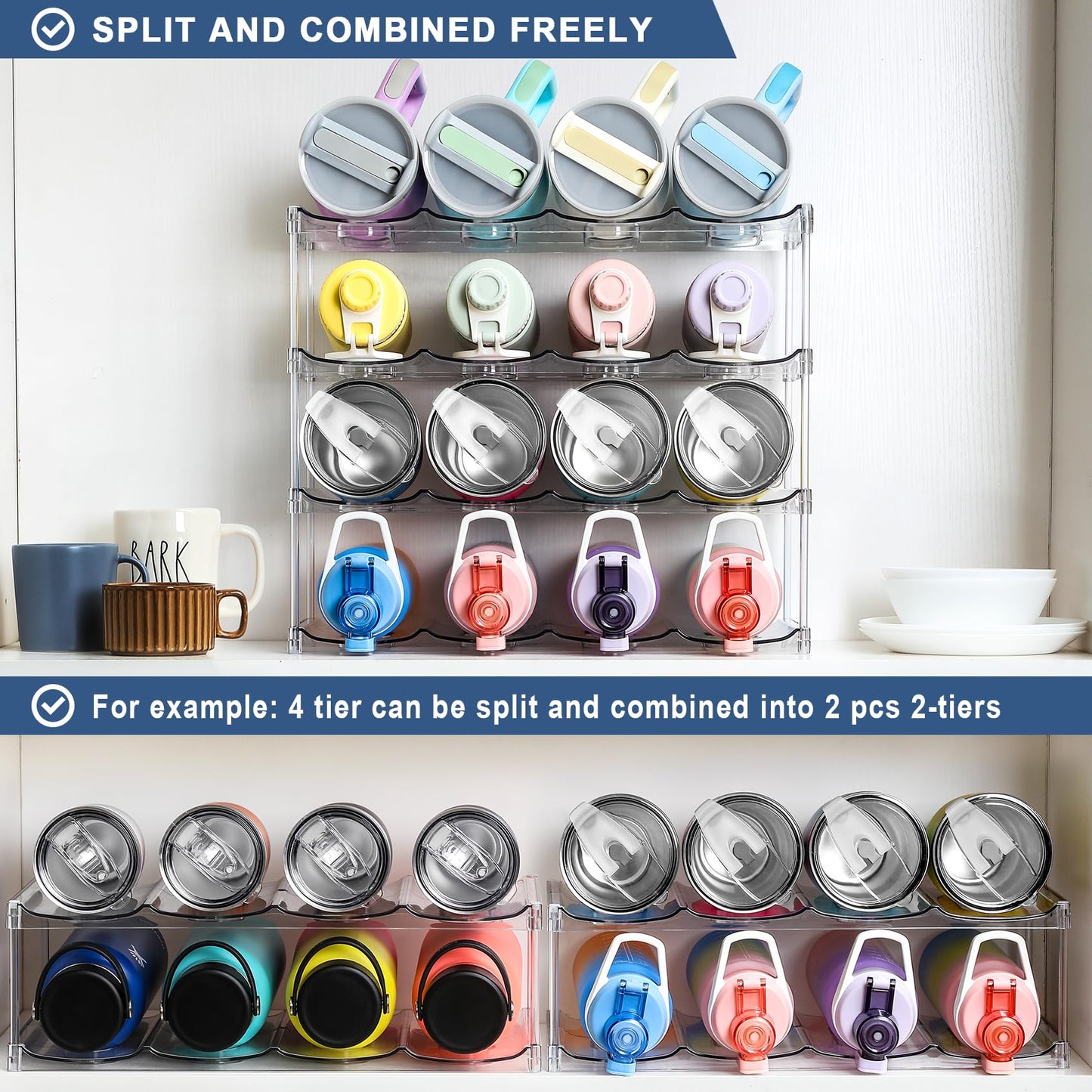 LARGER Compartment - 4 Tier Stackable Water Bottle Organizer Holder - for Stanley 40oz & Others' Large Tumbler - Clear Wine Rack, 16 Cup Bottle Holder for Cabinet Home Countertop Fridge Pantry Shelf