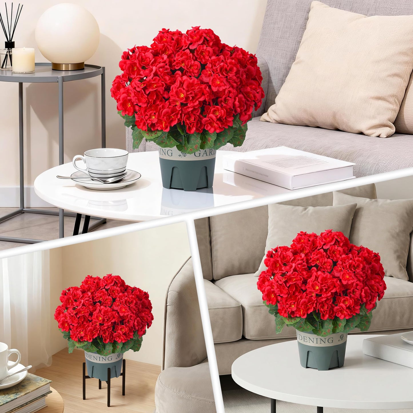 Geraniums Artificial Flowers for Outdoors, 2 Pack Potted Plants Red Faux Geraniums Bush Artificial Topiaries Realistic UV Resistant Fake Flowers Plants for Planters Outside Gardens Front Door Indoor
