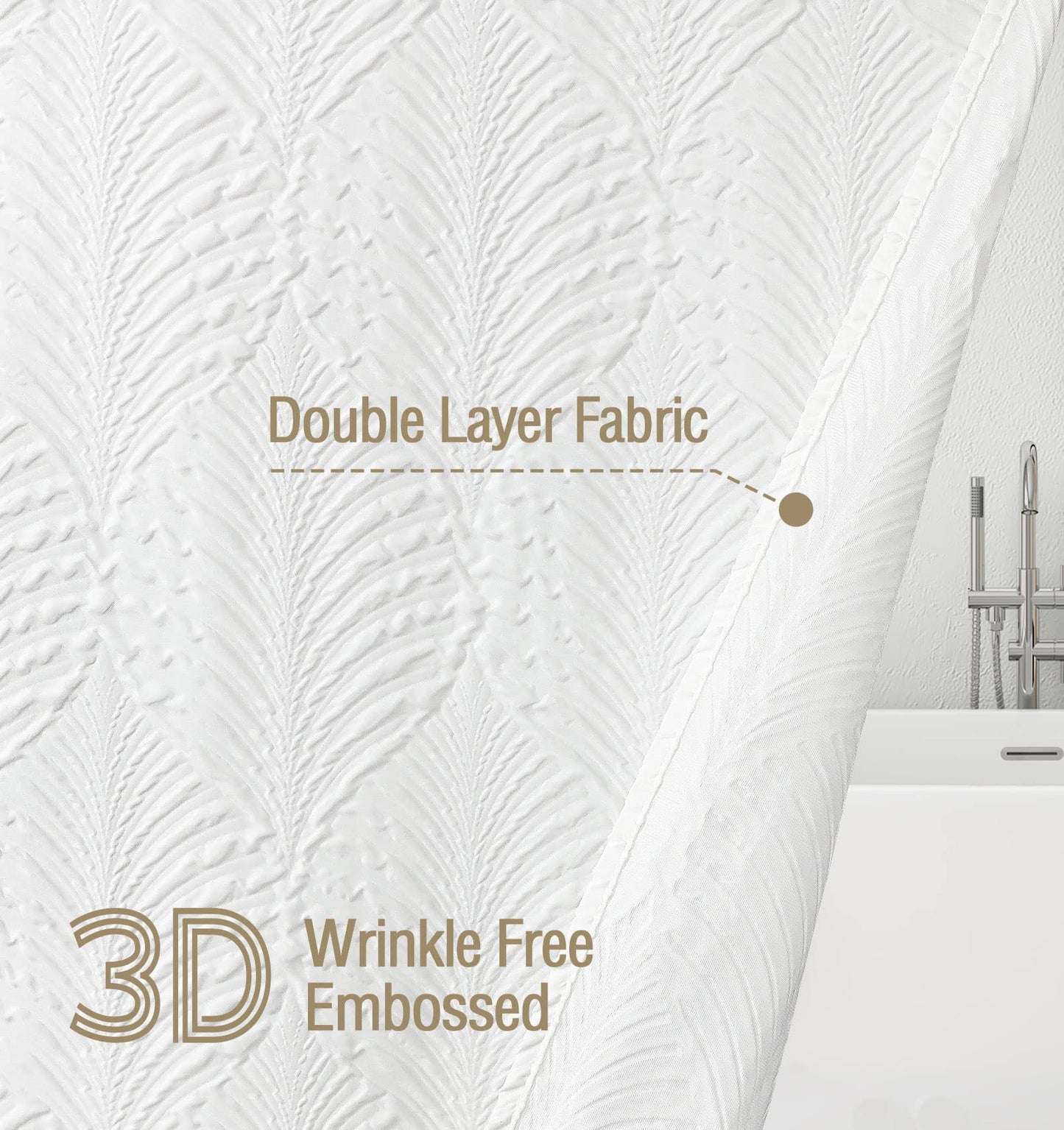 Gibelle White Shower Curtain for Bathroom, 3D Embossed Textured Fabric Curtain, Modern Farmhouse Chic Soft Cloth Set with Hooks, 72x72