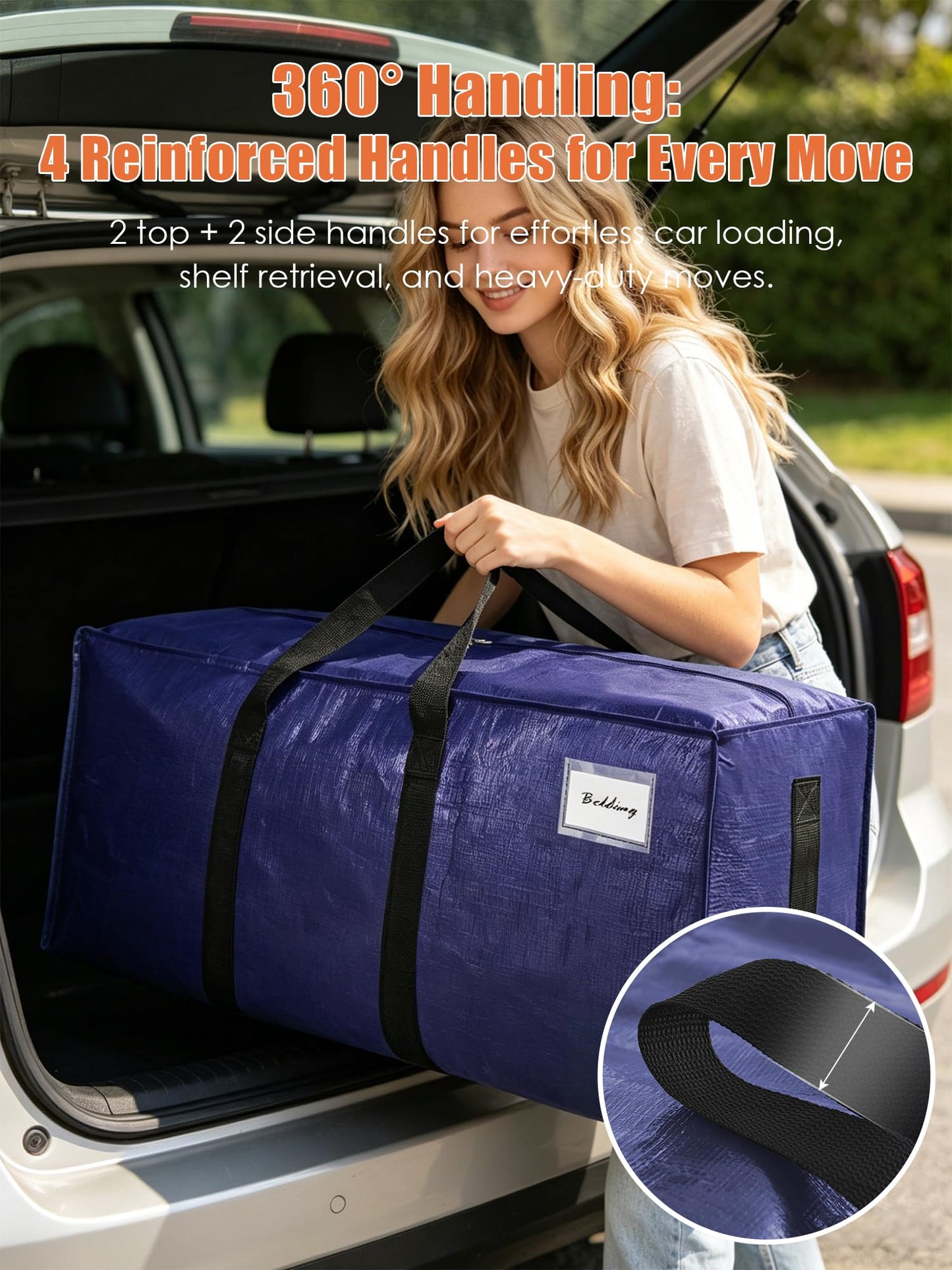 SWEET DOLPHIN 12 Pack 200LB Heavy-Duty Moving Bags with Wrap-Around Handles, Extra Large Storage Totes for Space Saving, Clothes Storage Bags, College Dorm Essentials, Blue, 24 Gal
