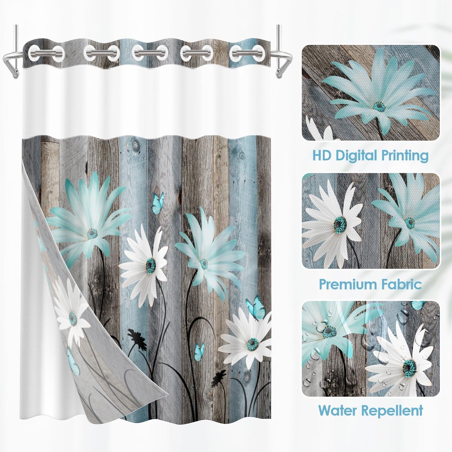 Nesphy No Hook Rustic Farmhouse Shower Curtain with Snap in Fabric Liner Set, Teal Daisy Flowers and Butterfly on Wooden Double Layers Waterproof with See Through Top Bath Curtain 71x74 Inch