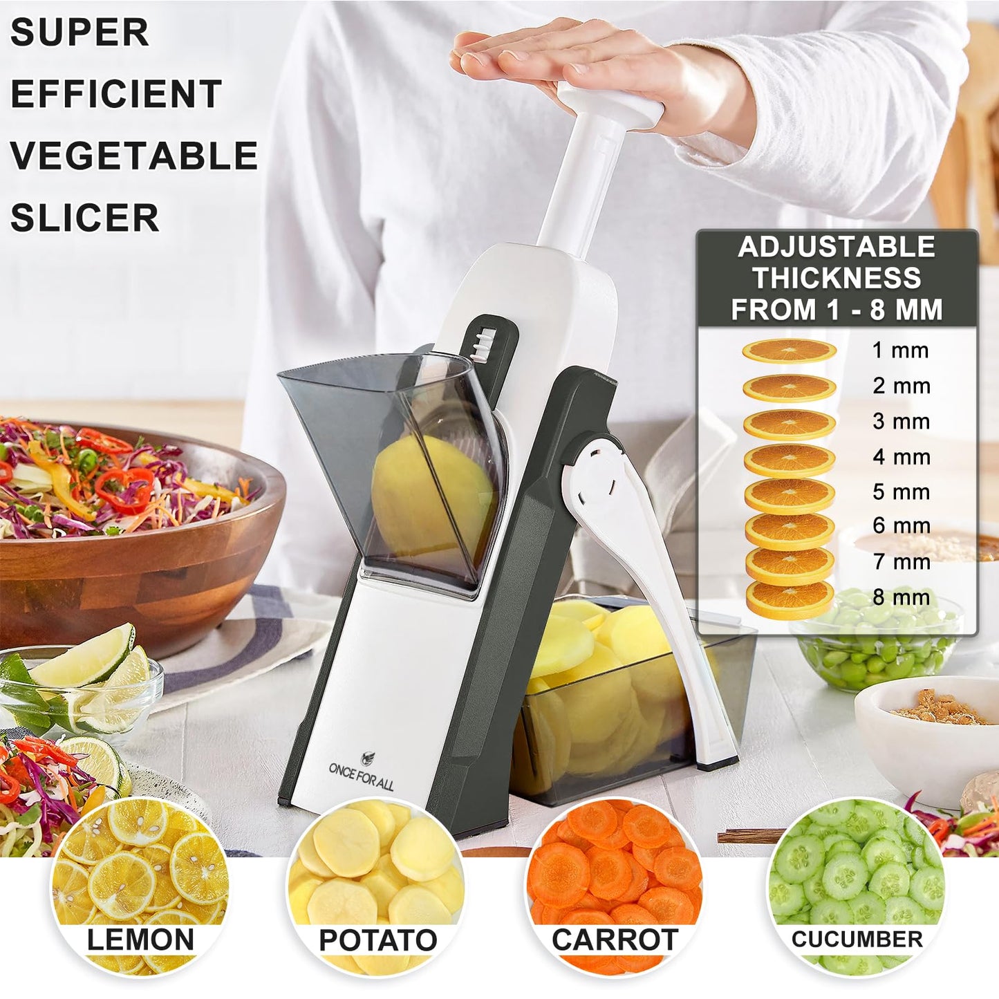 ONCE FOR ALL Safe Mandoline Slicer For Kitchen, Professional Vegetable Slicer For Food Potato Slices, Thickness Adjustable 0.1-8 mm Kitchen Artifact Fast Meal Prep