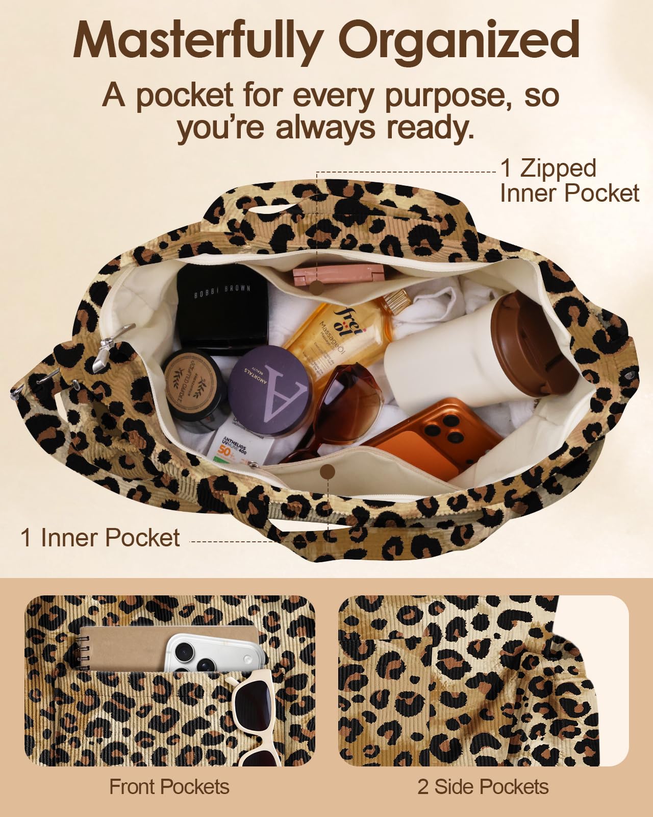 Miss Adola Crossbody Corduroy Tote Bag for Women, Large Tote Bag with Multi-Pockets and Zipper, Cute Essentials for Travel, Work -Classic Leopard