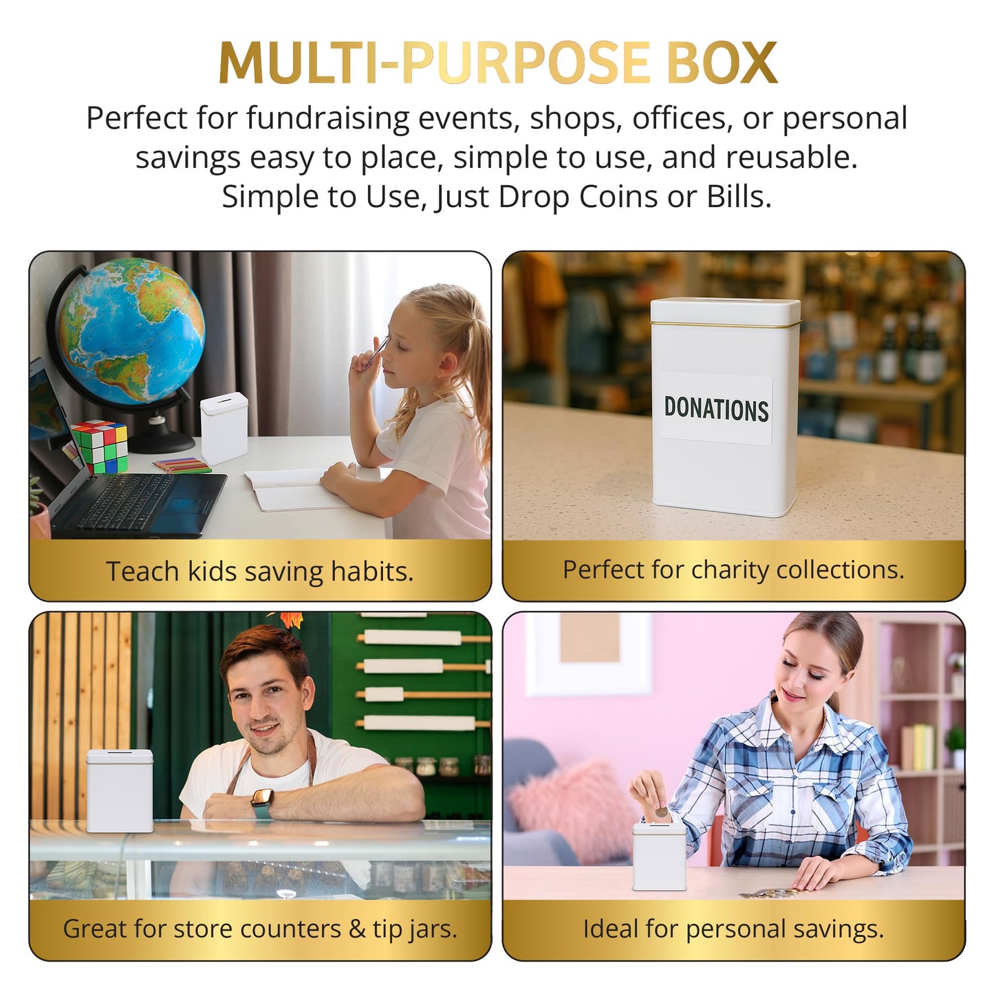 Metal Tin Charity Donation Box Tip Container Coin Collection Ticket Box Square shaped 5" H x 3" W x 3" D with slot on removable cover (10 Pack) White