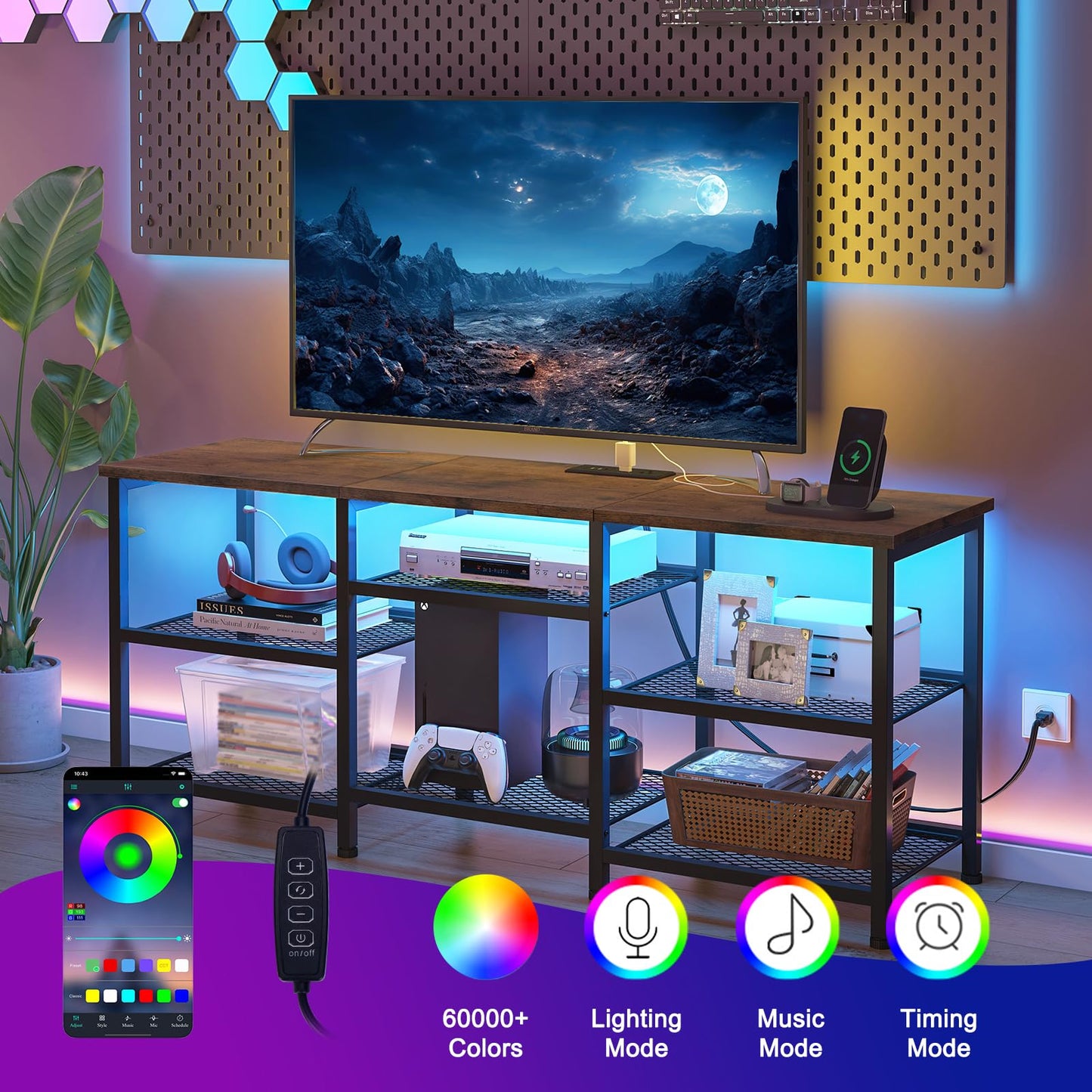 YGEOMER TV Stand for Living Room TVs Up to 55 Inches, Entertainment Center with Power Outlet and LED Lights Open Storage Shelves, TV Console for Bedroom, Rustic Brown