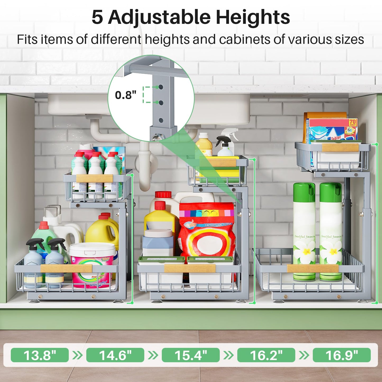 Kitstorack Under Sink Organizer, 2 Tier Under the Sink Storage, Slide out Pull out Cabinet Organizer Shelf, Metal Sliding Drawer for Kitchen Bathroom Pantry Closet Organization Rack, Grey, 2 Pack