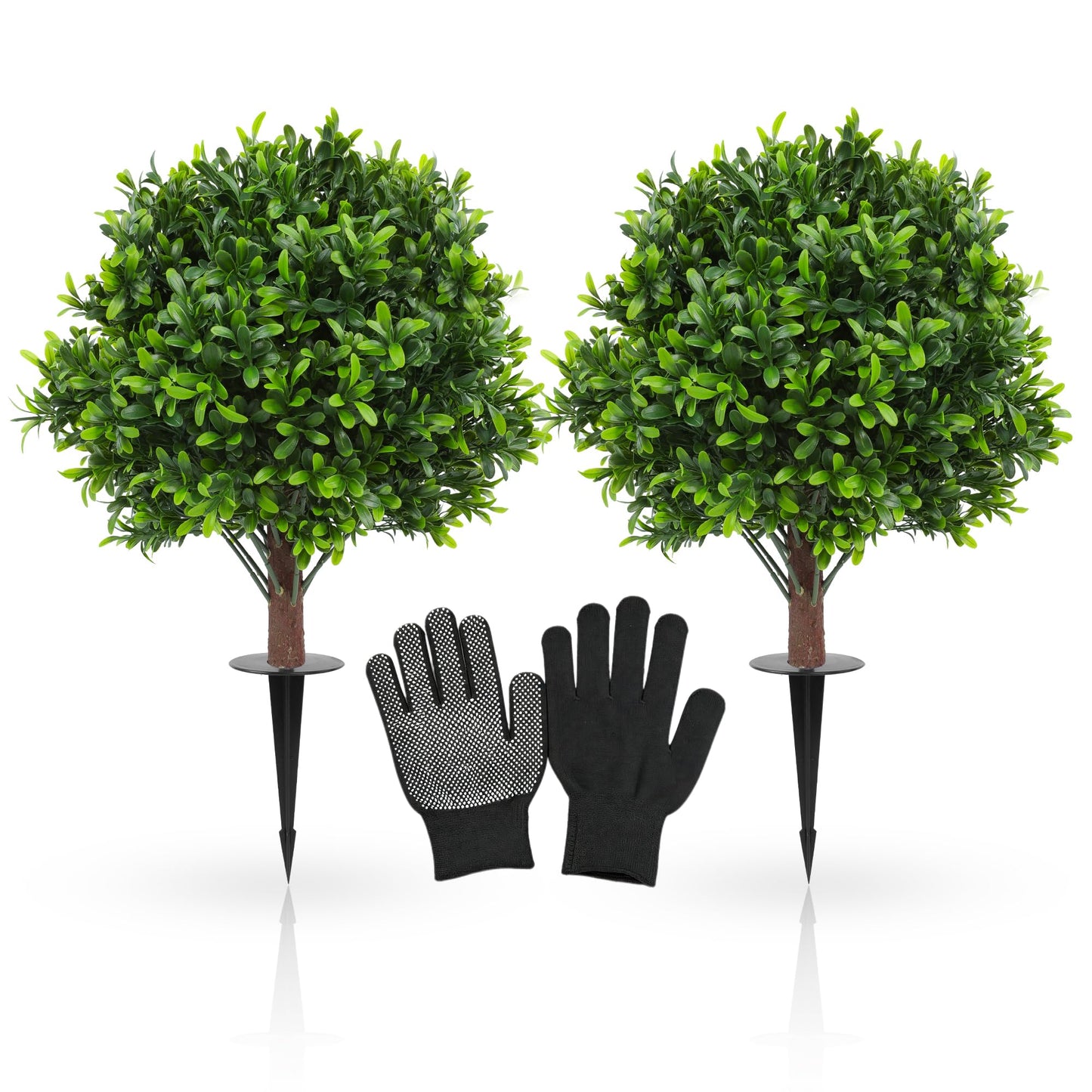 JTING' CHOISIR Set of 2 Artificial Boxwood Topiary Ball Trees with Ground Spike, 26 Inches UV Resistant Fake Plant Bushes Shrubs, for Indoor Outdoor Front Porch Garden (Boxwood)