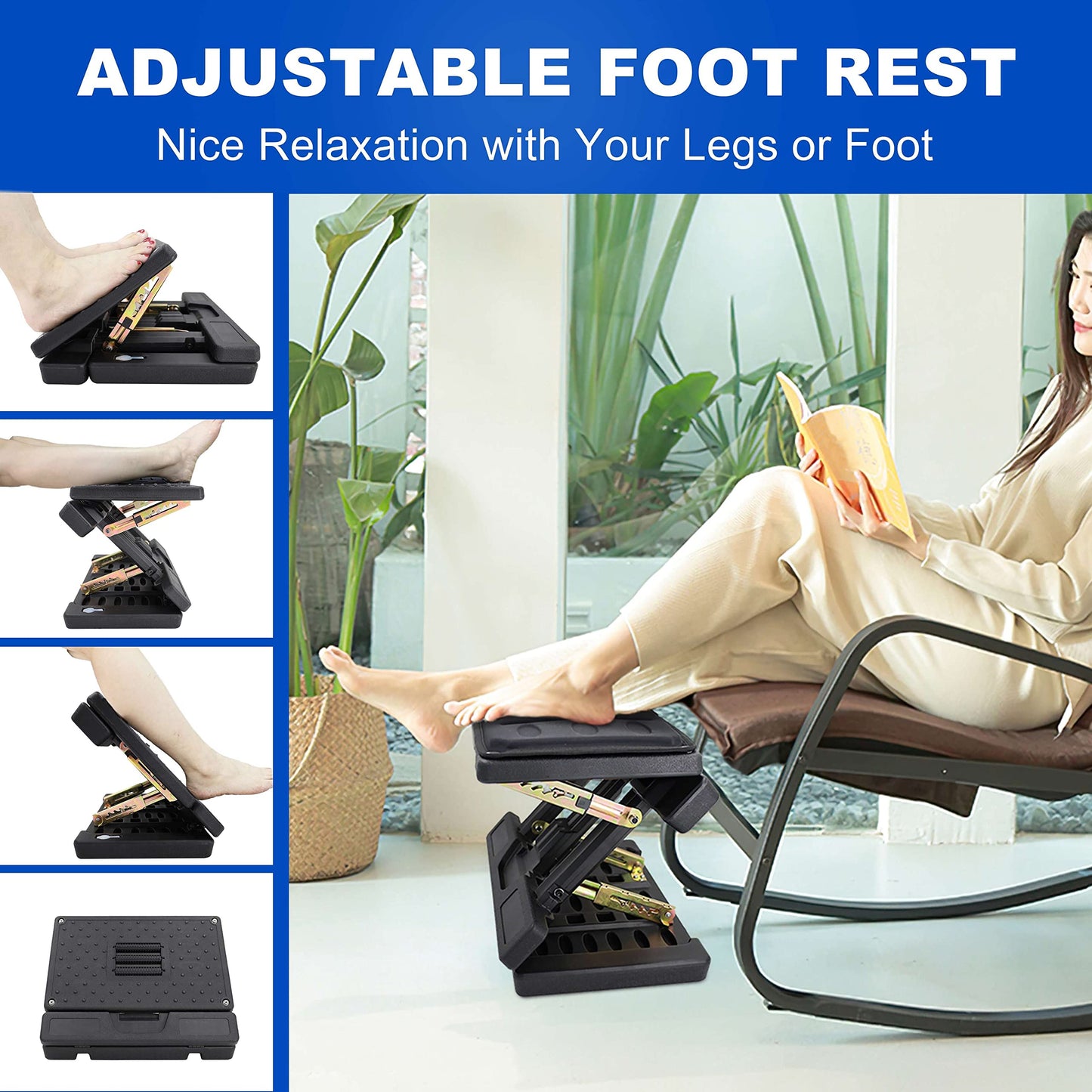 Kalnweis Under Desk Footrest - Detachable Memory Foam Cushion & Massage Roller, Tool-Free Height & Angle Adjustable Foot Stool, Ergonomic Leg Rest for Office, Home & Gaming Comfort, (Black Plus)