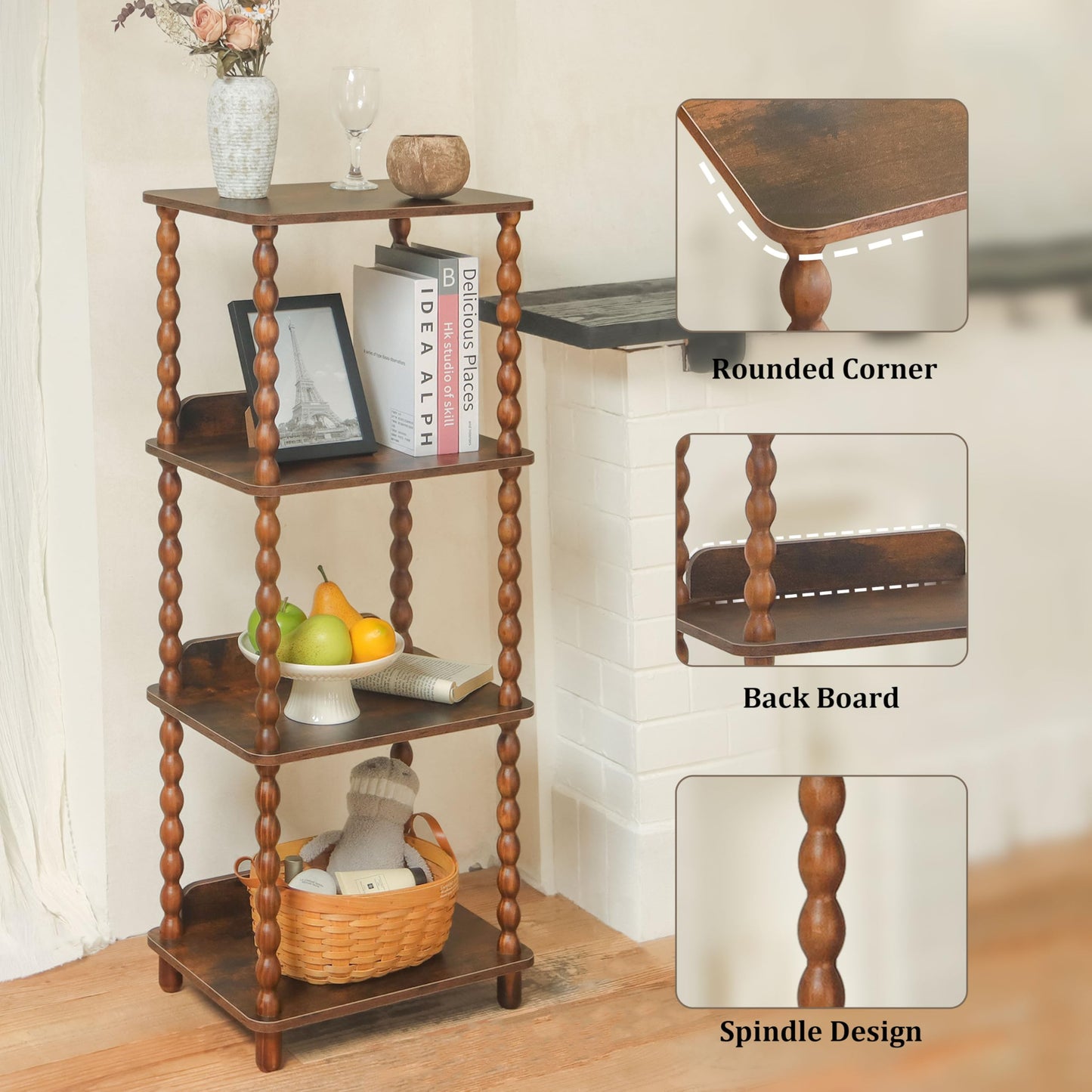 Fultyle Book Shelf, 4-Tier Bookshelf with Storage, Small Bookcase Display Shelves for Small Spaces, Bedroom, Living Room and Office with Solid Wood Legs (Rustic Brown)