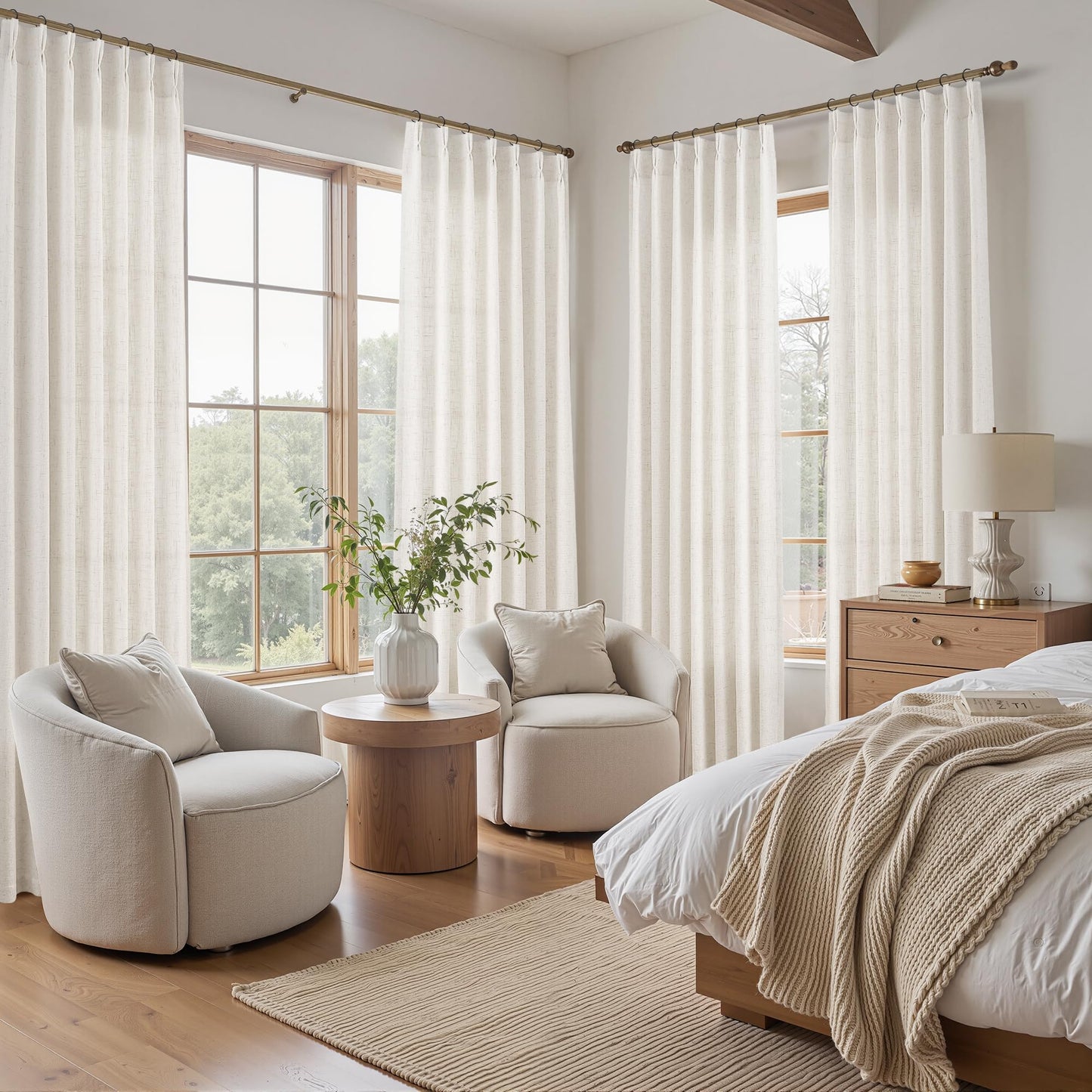 Joywell Linen Pinch Pleated Curtains 84 Inches Long 2 Panels for Living Room Bedroom Natural Cream Thick Boho Back Tab Semi Sheer Light Filtering Window Drapes Clip Rings Hooks Ivory Cream Birch