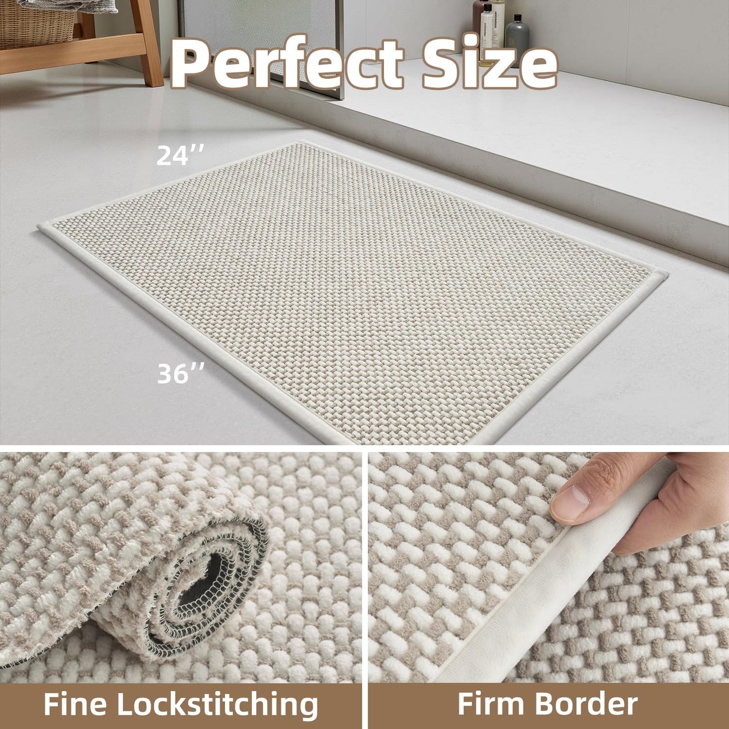 PADOOR-Bath Mat-Super Absorbent Chenille Bathroom Mats-Rubber Backed Bath Mats for Bathroom Non Slip, Easy Clean Bathroom Rugs Front of Bathtub,Shower Room,Sink-24×36, Beige&Cream