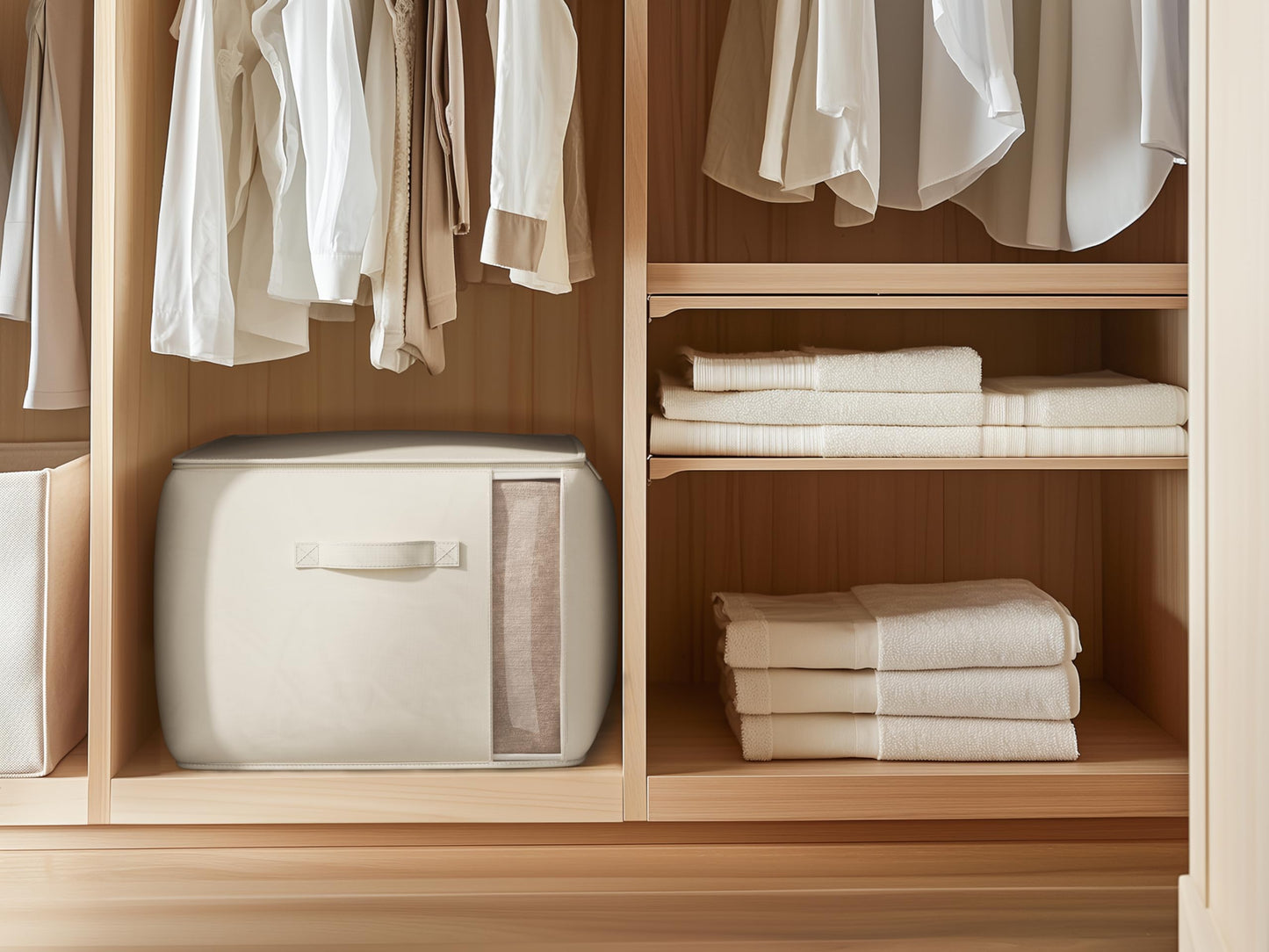 TomVista Large Canvas Clothes Storage Bags with Thick Handles and Clear Window, Foldable Cotton Linen Closet Organizer for Clothing, Blankets and Bedding, 70L, 6 Pack, Beige