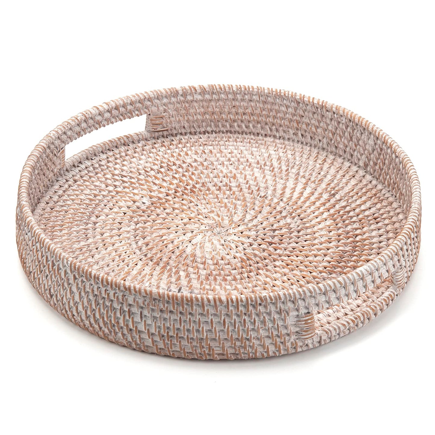 Coffee Table Tray Round Rattan Ottoman Tray Woven Serving Trays with Handles for Home and Kitchen Decorative Whitewash (Large 16.9 inch)