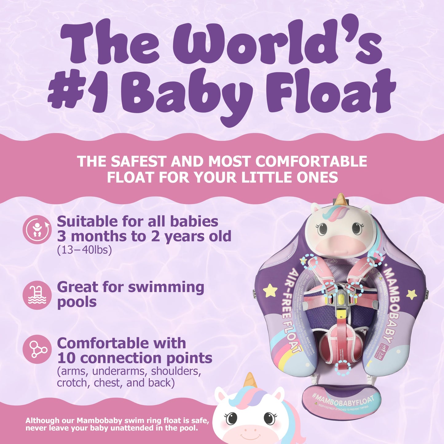 MAMBOBABYFLOAT Sunny Navigator Baby Pool Float with Canopy 2025 — Safe, Comfortable, Adjustable Float w/Sun Protection, Air-Free Foam Technology, 5-Way Buckle System - Unicorn, Pink