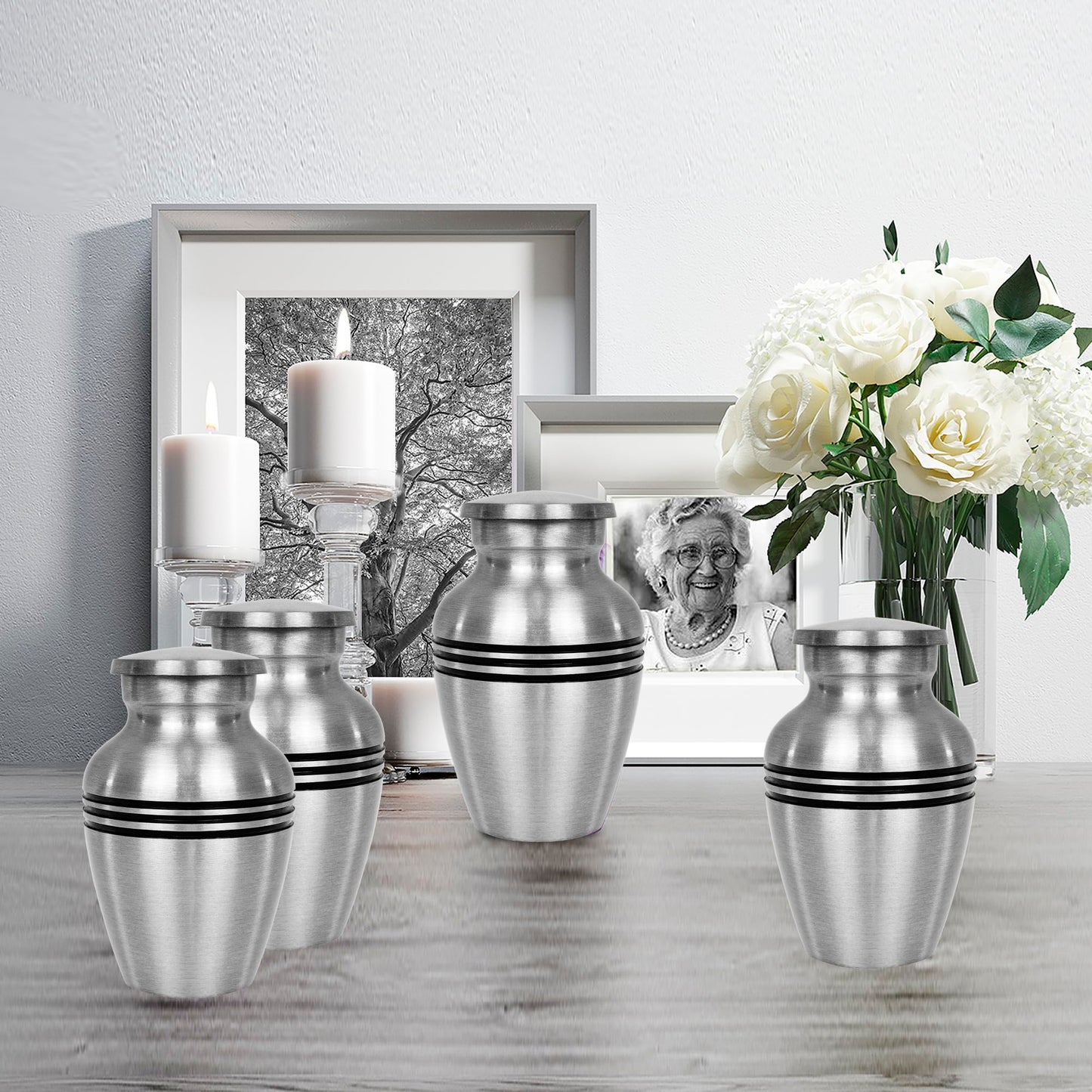 Trupoint Memorials Small Urns for Human Ashes Keepsake, Pewter Decorative Mini Cremation Urn for Adult Men & Women, Set of 4, Silver Lining