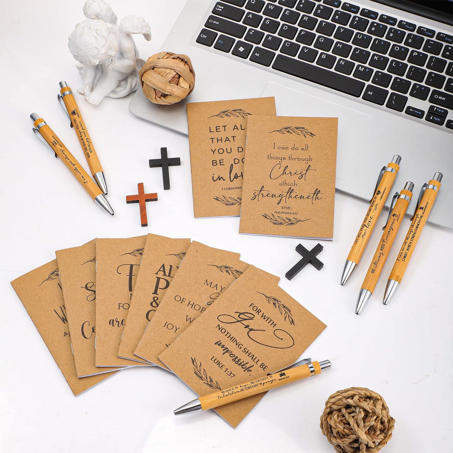 Jutom 60 Set Fathers Day Christian Gift Retractable Bamboo Pens and Kraft Bible Verse Notebooks Religious Inspirational Notebooks with White Organza Gift Bag for Church Pastor Mom Dad Grandparents