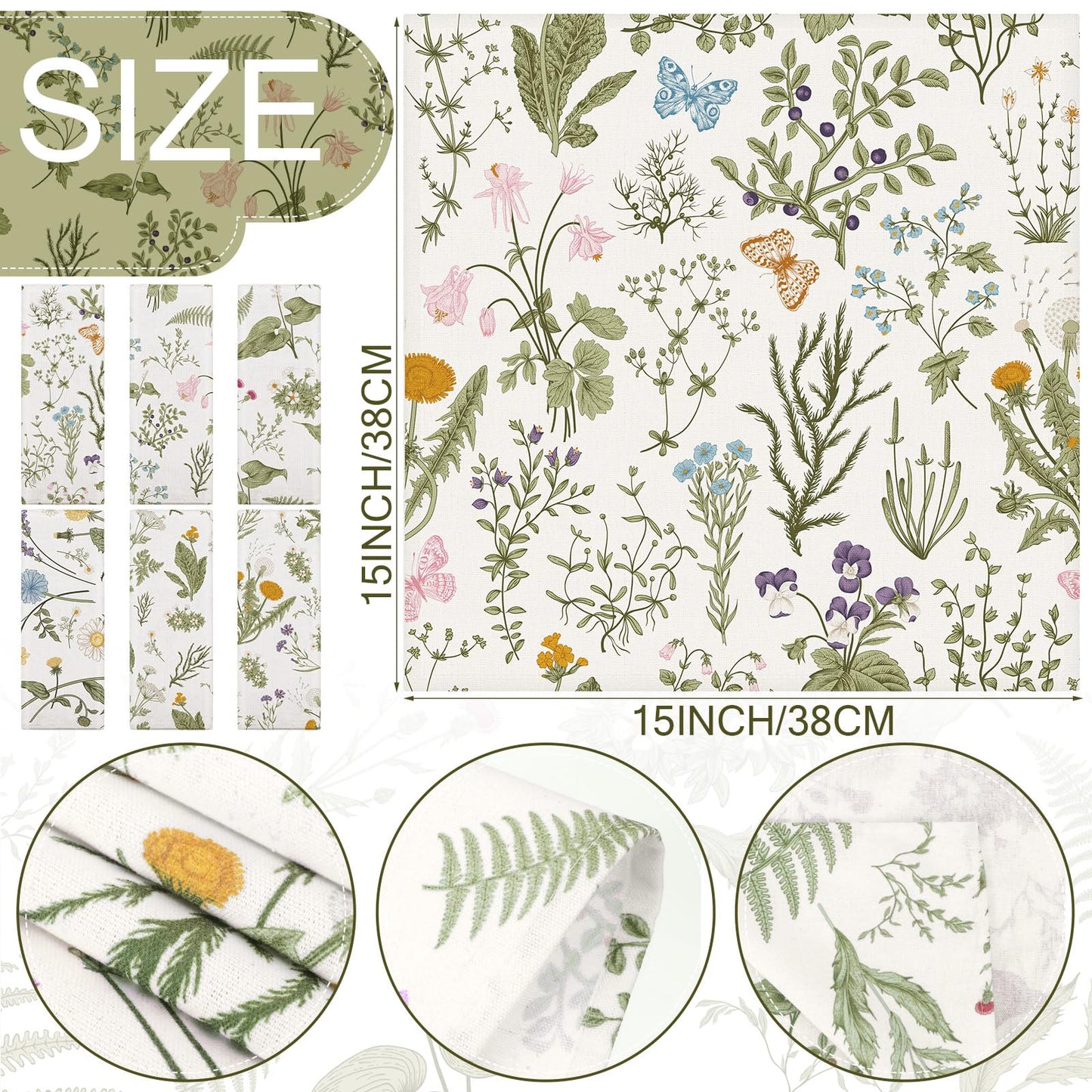 Funnymoom 24 Pcs Herbs and Wild Flowers Cloth Napkins Floral Plants Reusable Napkins Country French Toile Dinner Soft Absorbent for Summer Holiday Party