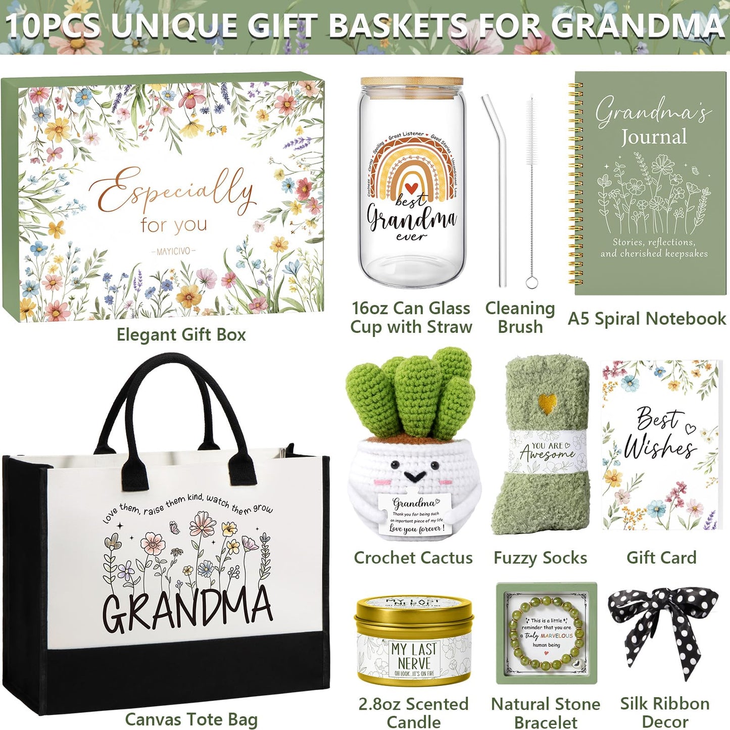 Mothers Day Grandma Gifts for Nana, Best Grandma Birthday Gifts from Granddaughter Grandchildren Grandkids, Unique Grandmother Nana Birthday Gift Basket for Gigi, New Granny Gift w/Canvas Tote Bag