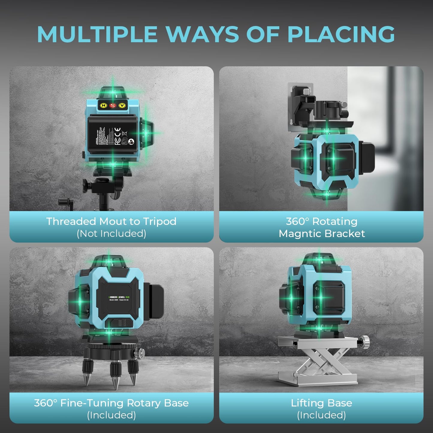 16 Line Laser Level 360 Self Leveling, 4x360°Professional 4D Cross Line Green Laser Level with 2 Batteries, Adjustable Brightness & Remote Control, for Tiling Floor Construction and Picture Hanging