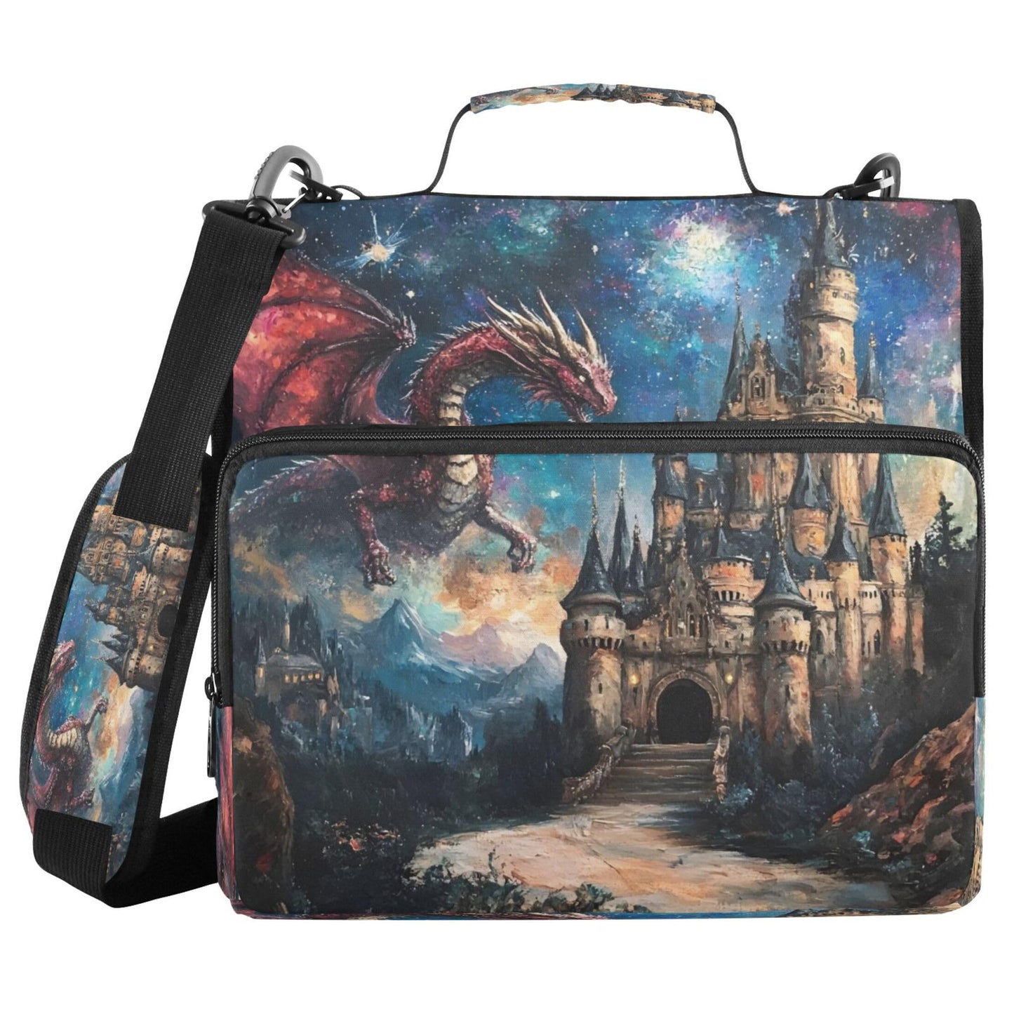 Takiito 3 Ring Zipper Binder Dragon Castle Binder Organizer Portfolio with File and Shoulder Strap & Handle Large Capacity File Folder
