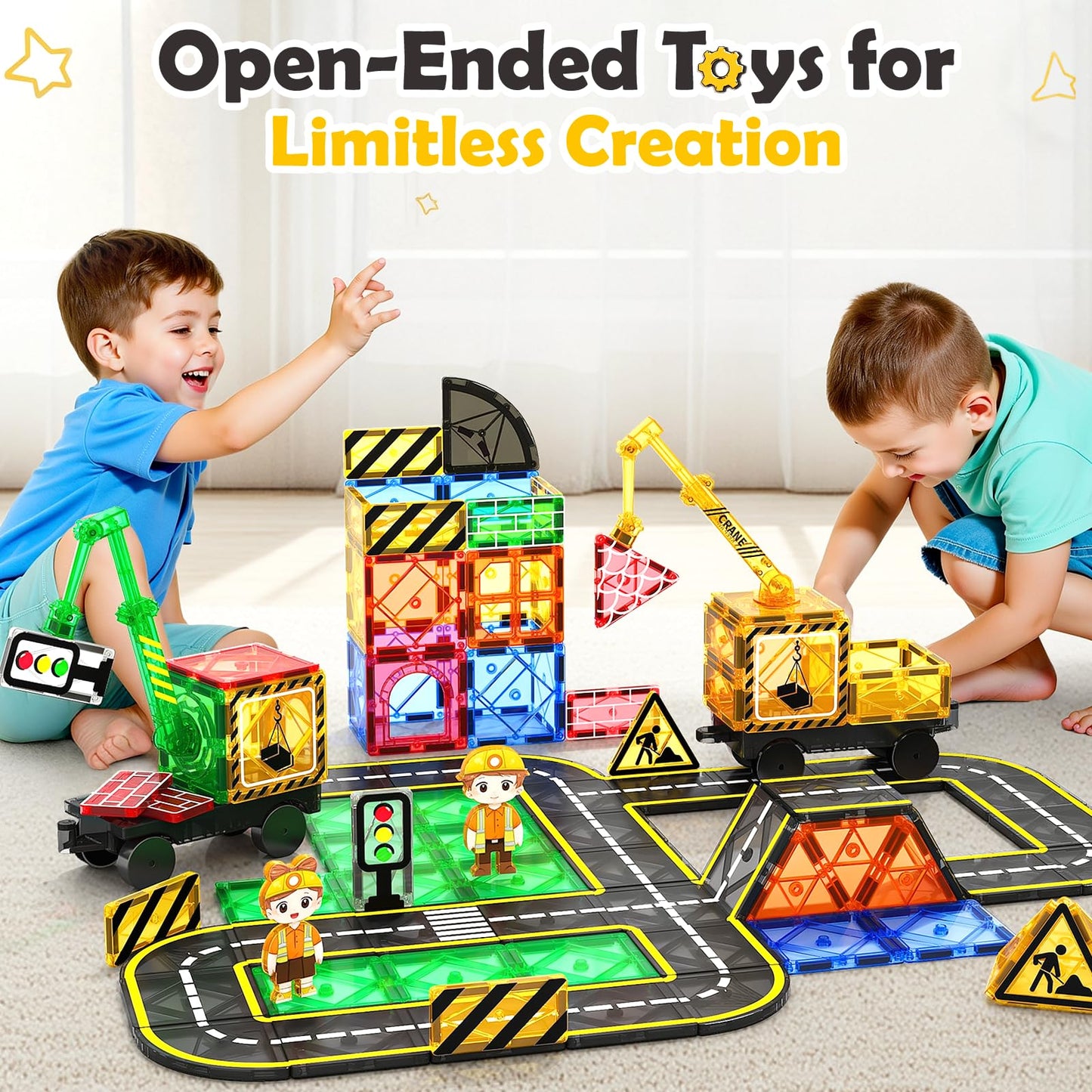 100 PCS Magnetic Tiles Road Set with 3 Cranes & 2 Cars - Magnetic Blocks City Construction Building Toys for 3+ Year Old Boys Girls Ideal Preschool Learning Outdoor Creative Toddler Kids Toys