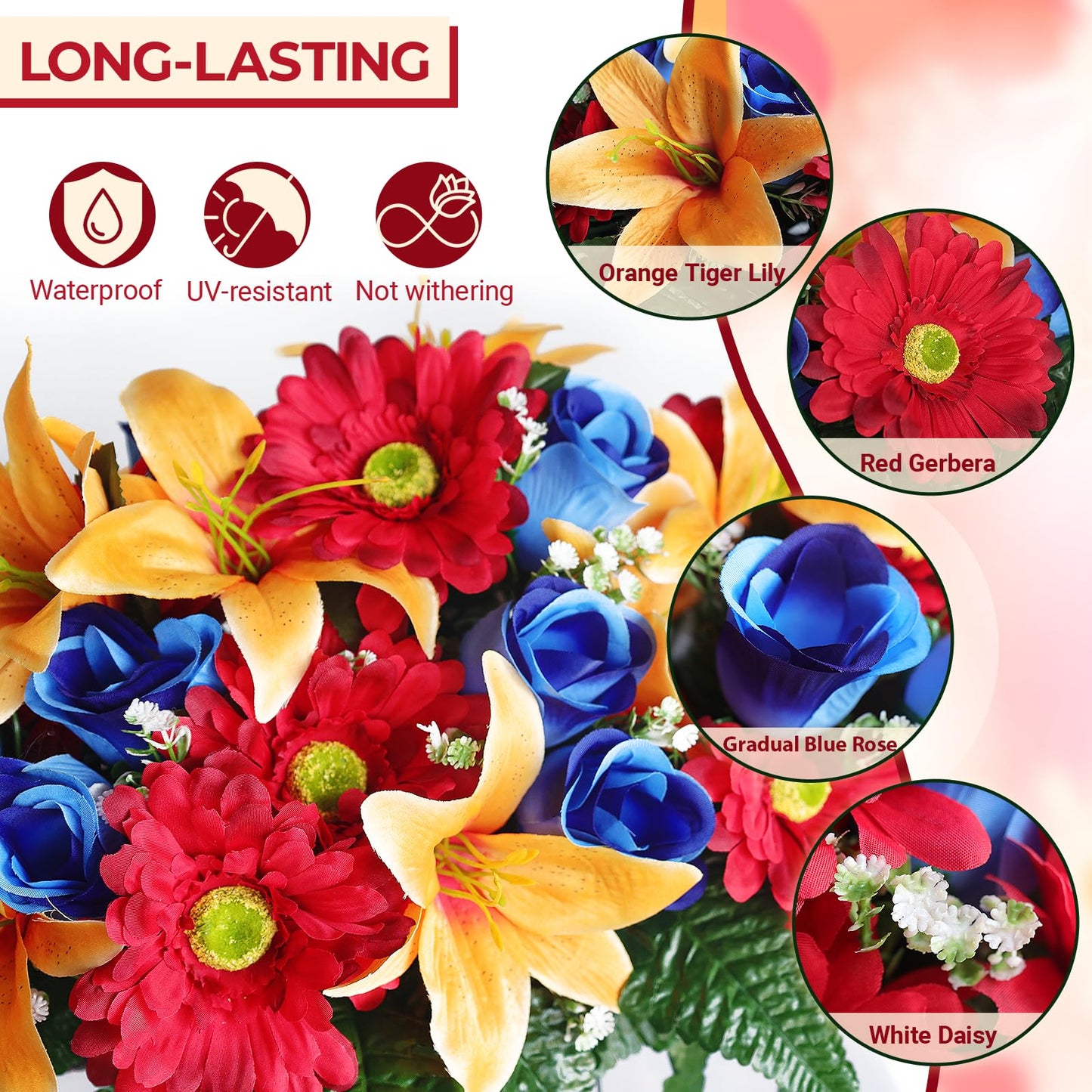 jabeick 3 PCS Artificial Cemetery Flower Saddles, Cemetery Memorial Flowers with Vase for Outdoor Grave Tombstone Decorations, Lily Rose Gerbera Headstone Flowers Saddle