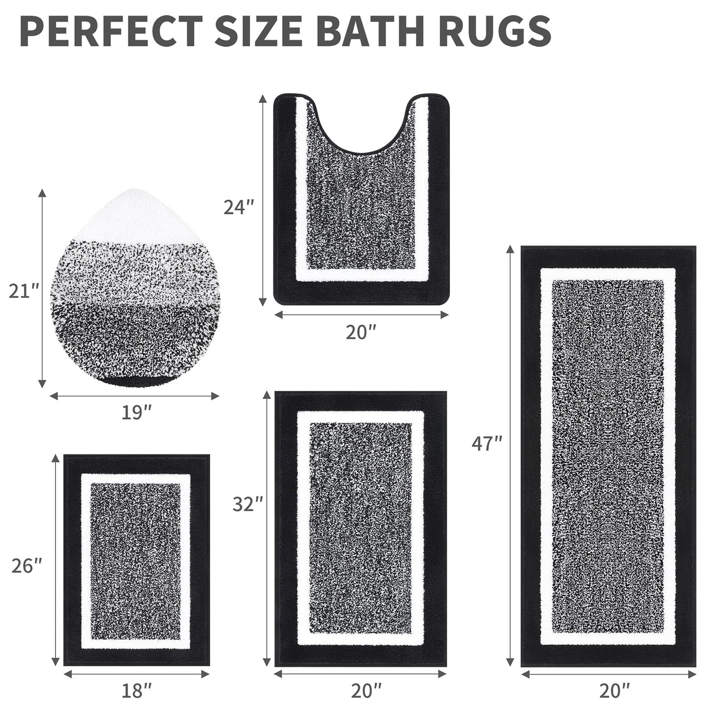 Pauwer Bathroom Rugs Set 5 Piece, Plush Absorbent Microfiber Bath Mats for Bathroom, Non Slip Washable Bath Rug Set with U Shaped Contour Toilet Rugs, Shower Rug and Toilet Lid Cover, Black