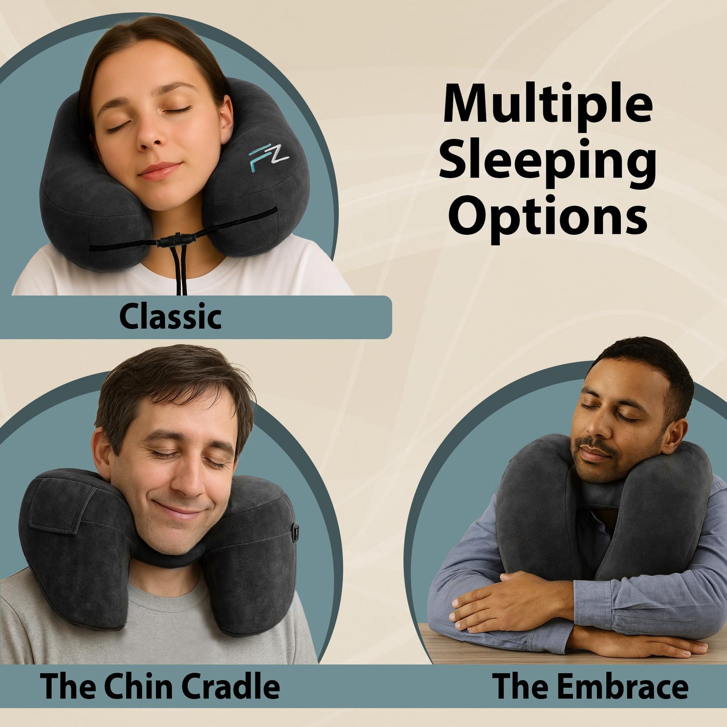 FLOWZOOM Air Inflatable Neck Pillow for Traveling on Plane - H-Shape Hooded Airplane Pillow with 5 Snooze Modes, Fast Inflation, Pressure Control, Cozy Clip-On Hood & Plushy Cover - Size L, Jet Black