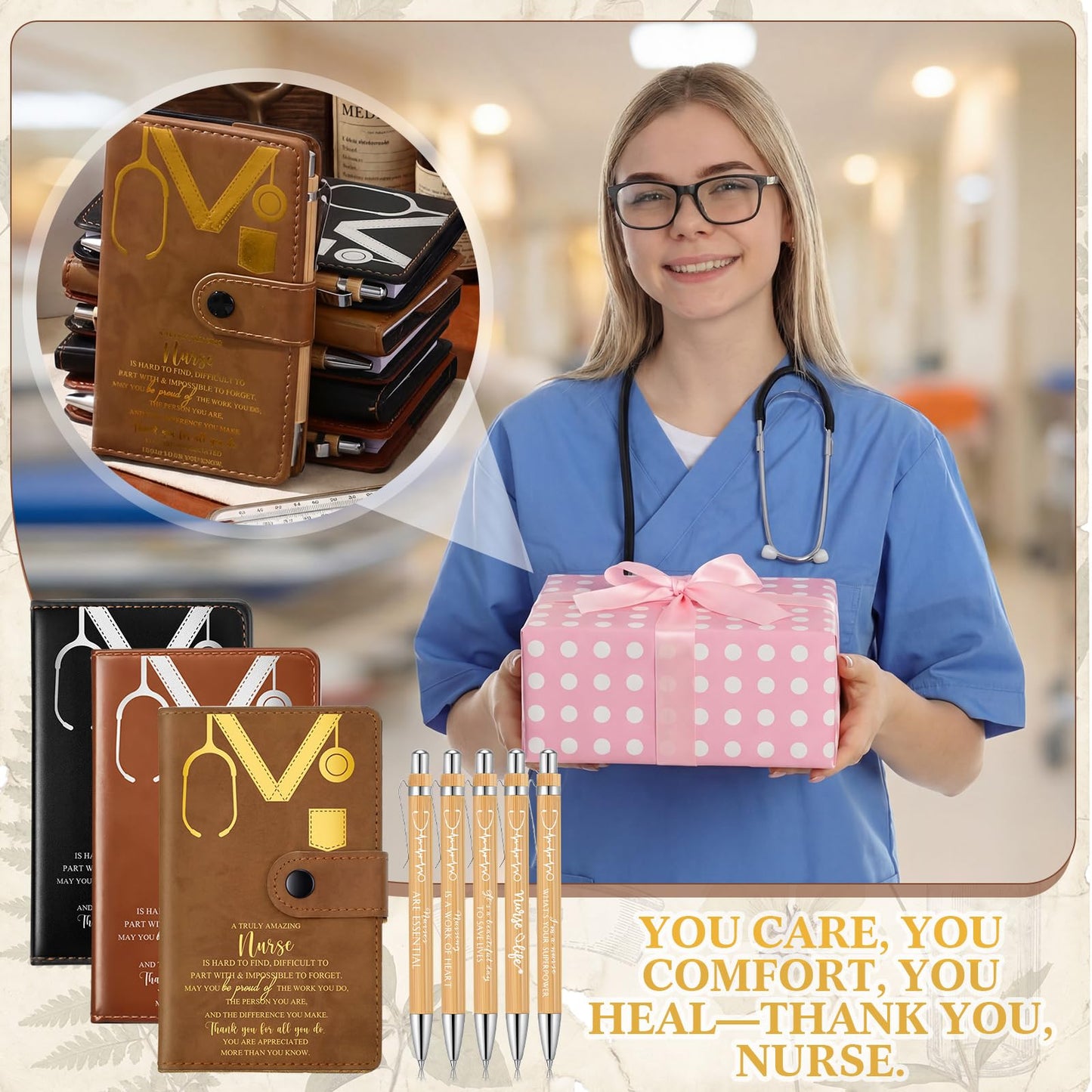 Spiareal 30 Sets Cna Week Gift for Nursing Graduation, Pinning Ceremony Gifts, 3.74 x 6.1 Inches Inspirational Hardcover Notebook with Bamboo Pen for Nurse RN LPN CNA (Multicolor)