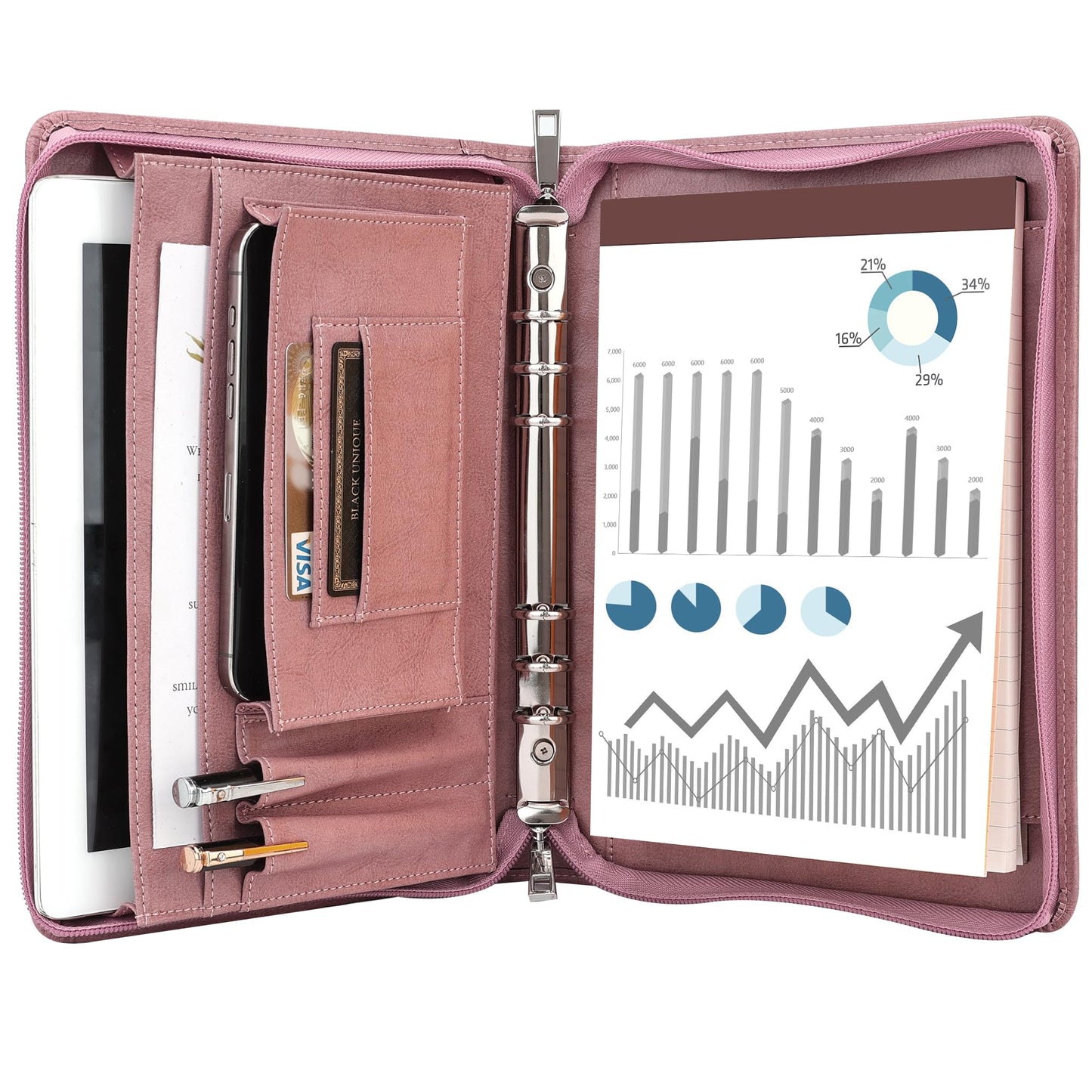 KISSKI A5 Planner Binder Padfolio for Women, Small 6 Ring Resume Folders for Interview, Vegan Leather Portfolio Organizer Folio with Zipper and 1pc A5 Notepad, Business Card/Pen Holder, Gifts, Pink