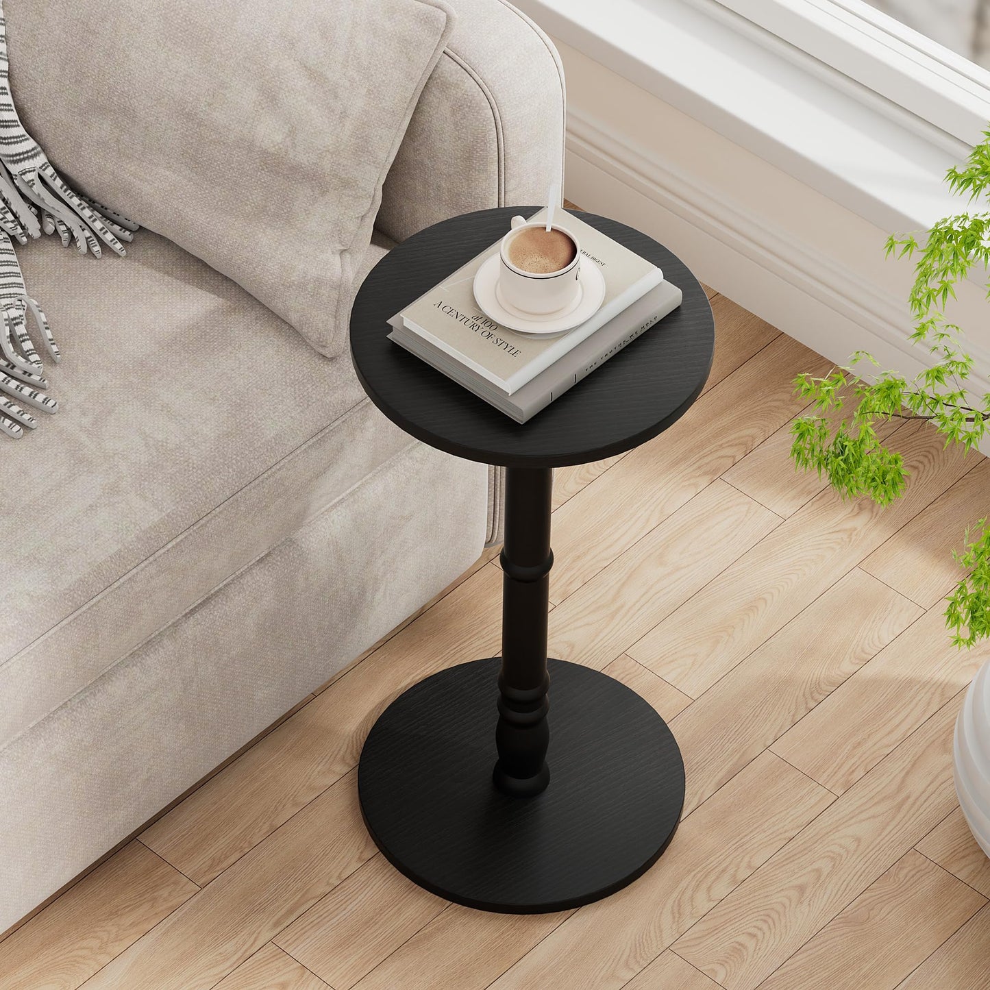 Homleke 12" Round Side Tables Set of 2, Solid Wood Pillar with Wood Top & Base, Small Drink Accent Table for Living Room, Bedroom, Sofa & Office, Easy Assembly, Black