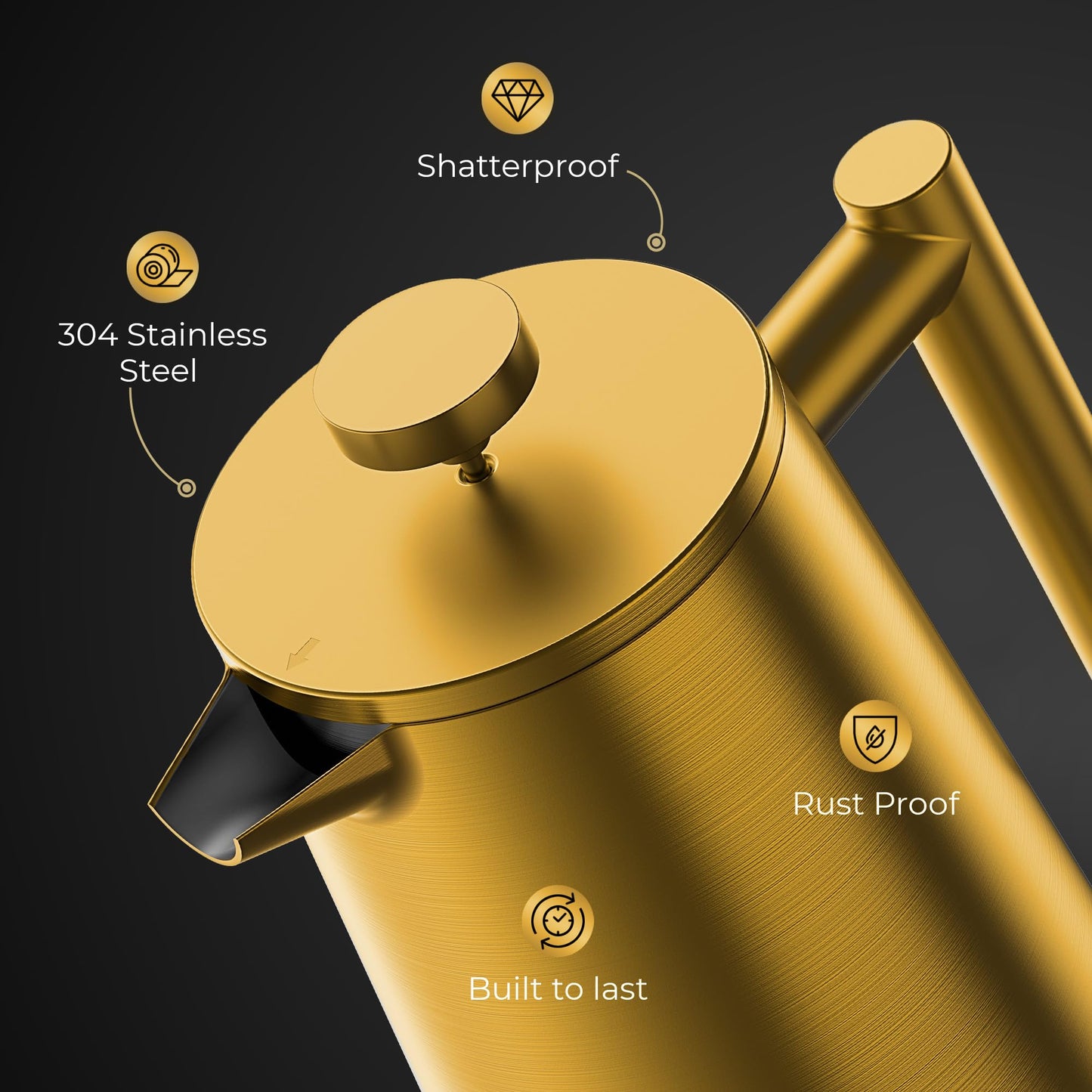 STELLAGRO French Press Coffee Maker, Stainless Steel French Press 34 Oz / 1L, Double Wall Insulated Coffee Press with 3 Extra Mesh Filters, Metal Coffee Maker for Coffee & Tea, Satin Finish, Gold